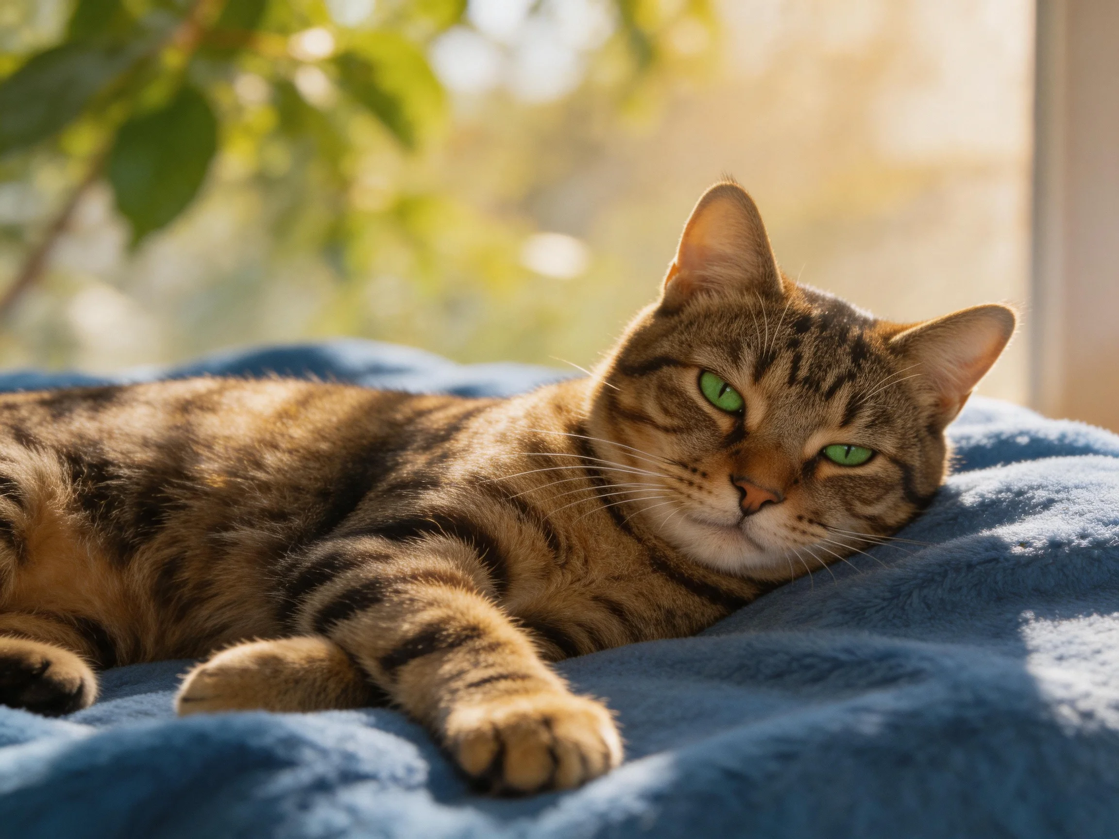 A tabby cat with green eyes rests on a blue blanket by a sunlit window