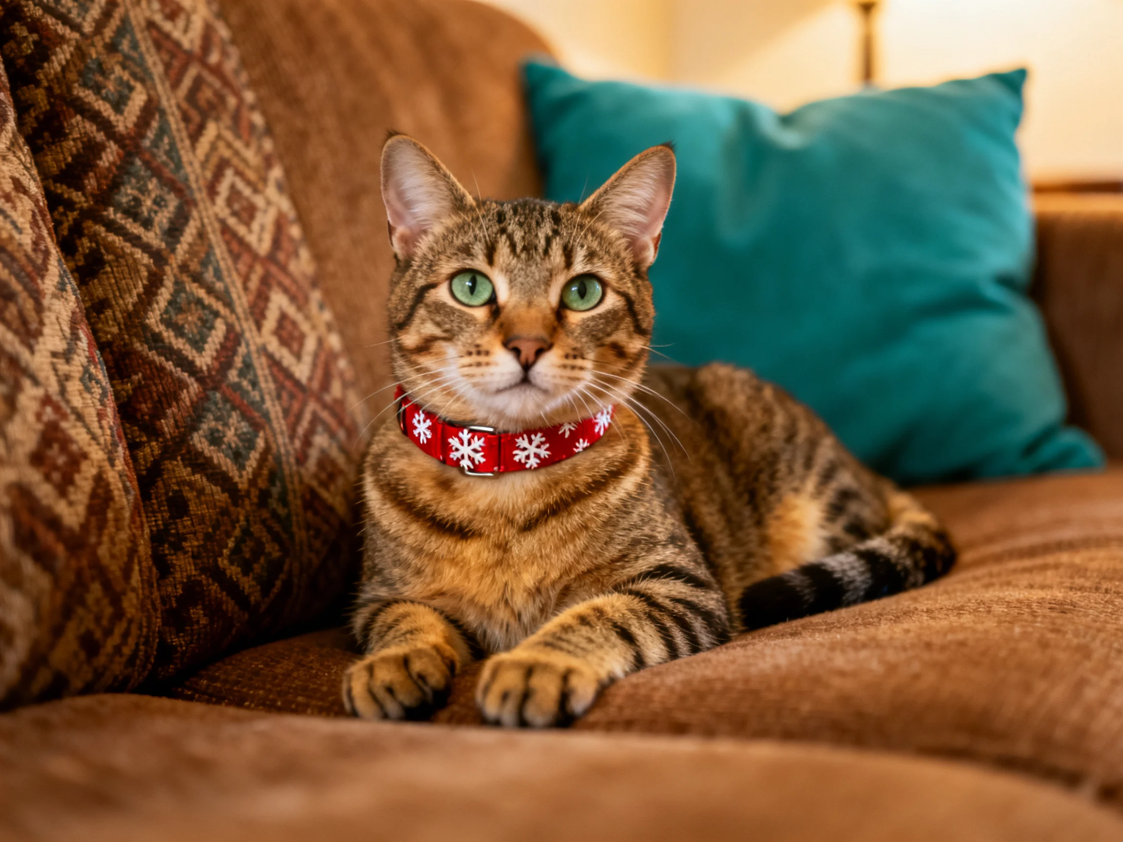 A tabby cat with green eyes relaxes on a brown couch beside a teal pillow