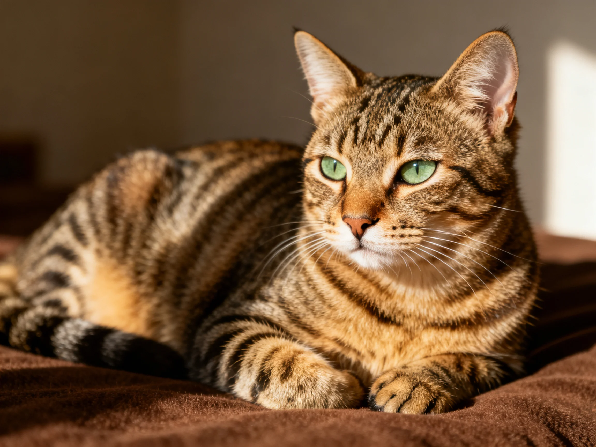 A tabby cat with green eyes rests on a brown fabric surface.
