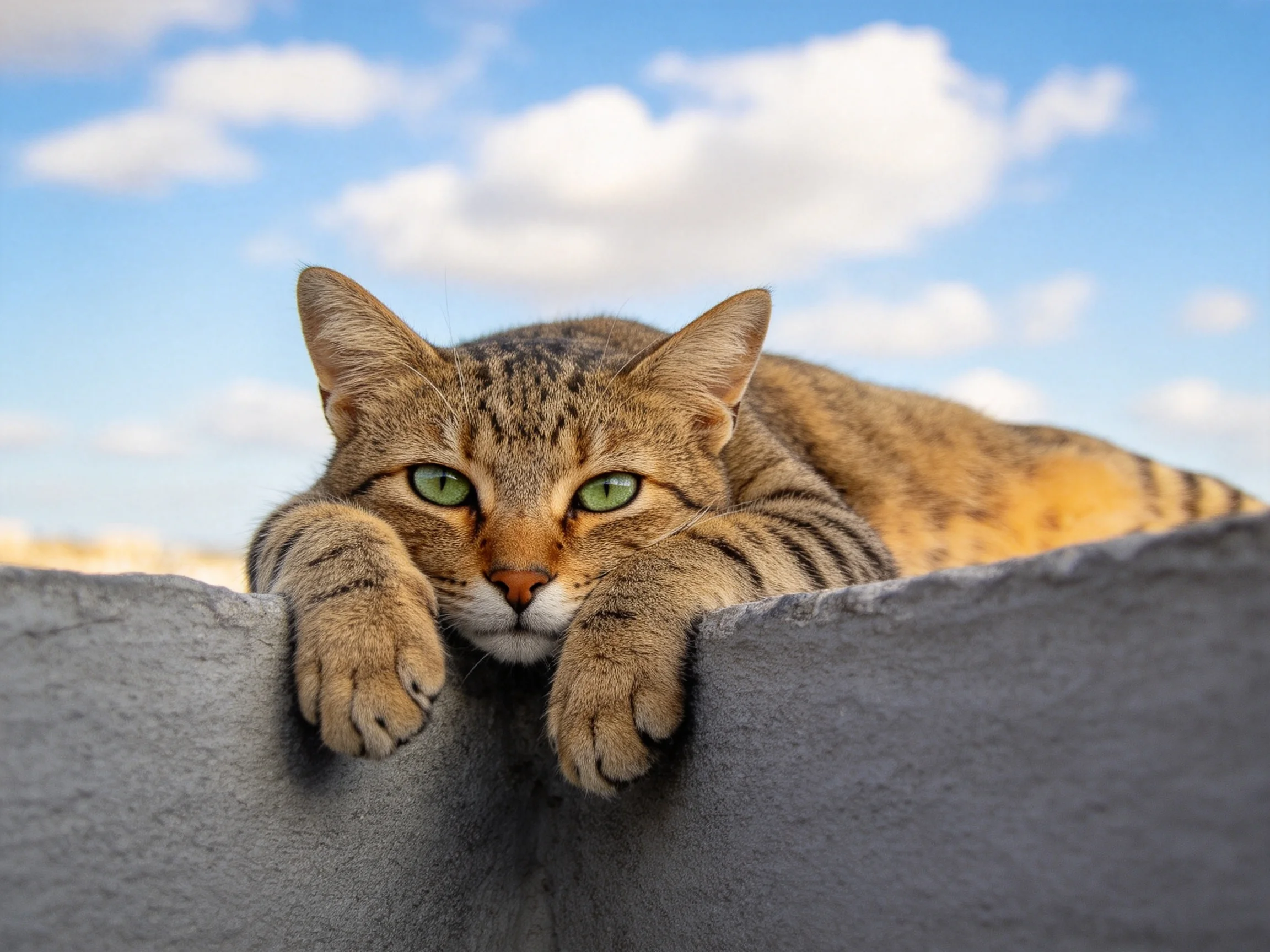 A tabby cat with green eyes relaxes on a gray ledge in an outdoor space.