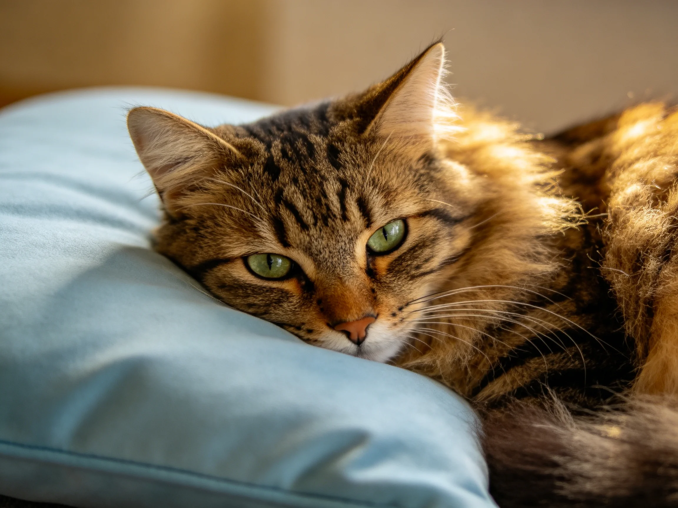 A tabby cat with green eyes relaxes on a light blue pillow