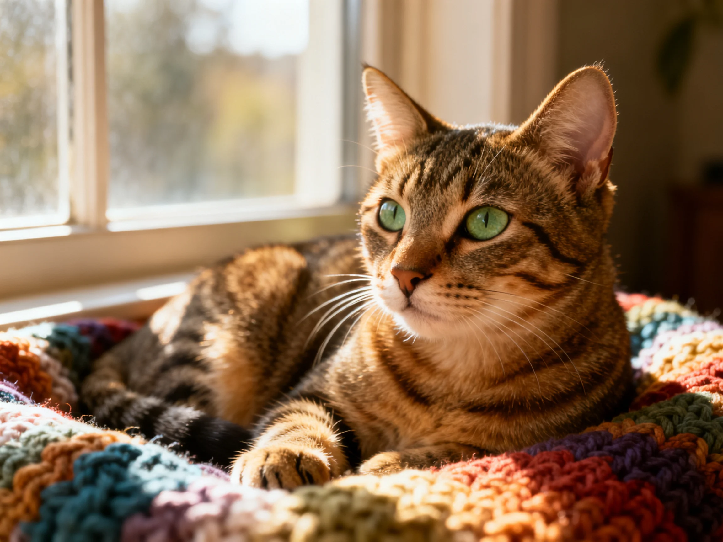 A tabby cat with green eyes relaxes on a colorful blanket near a bright window.
