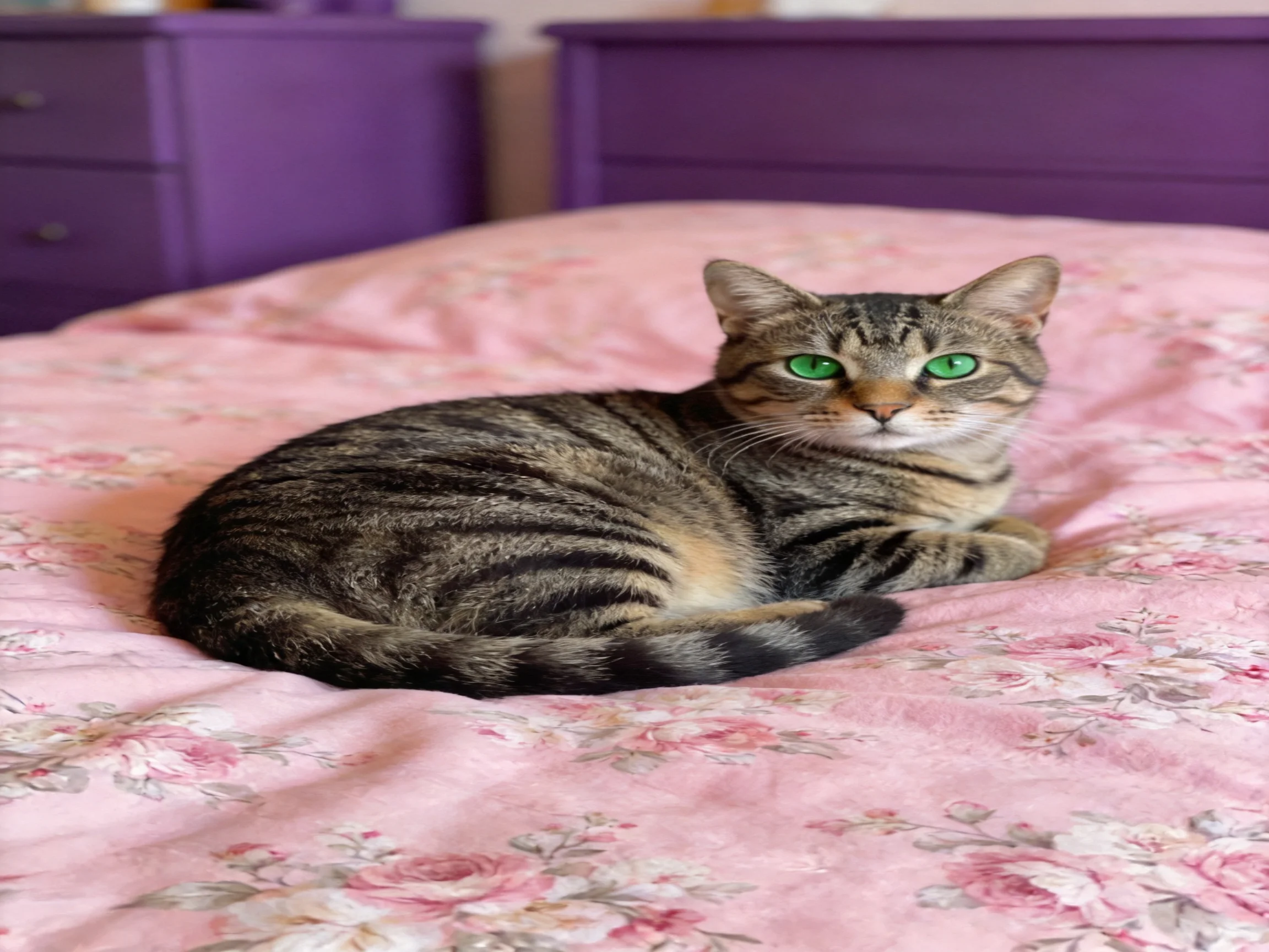 A tabby cat with green eyes lies on a pink floral bed in a room with purple furniture