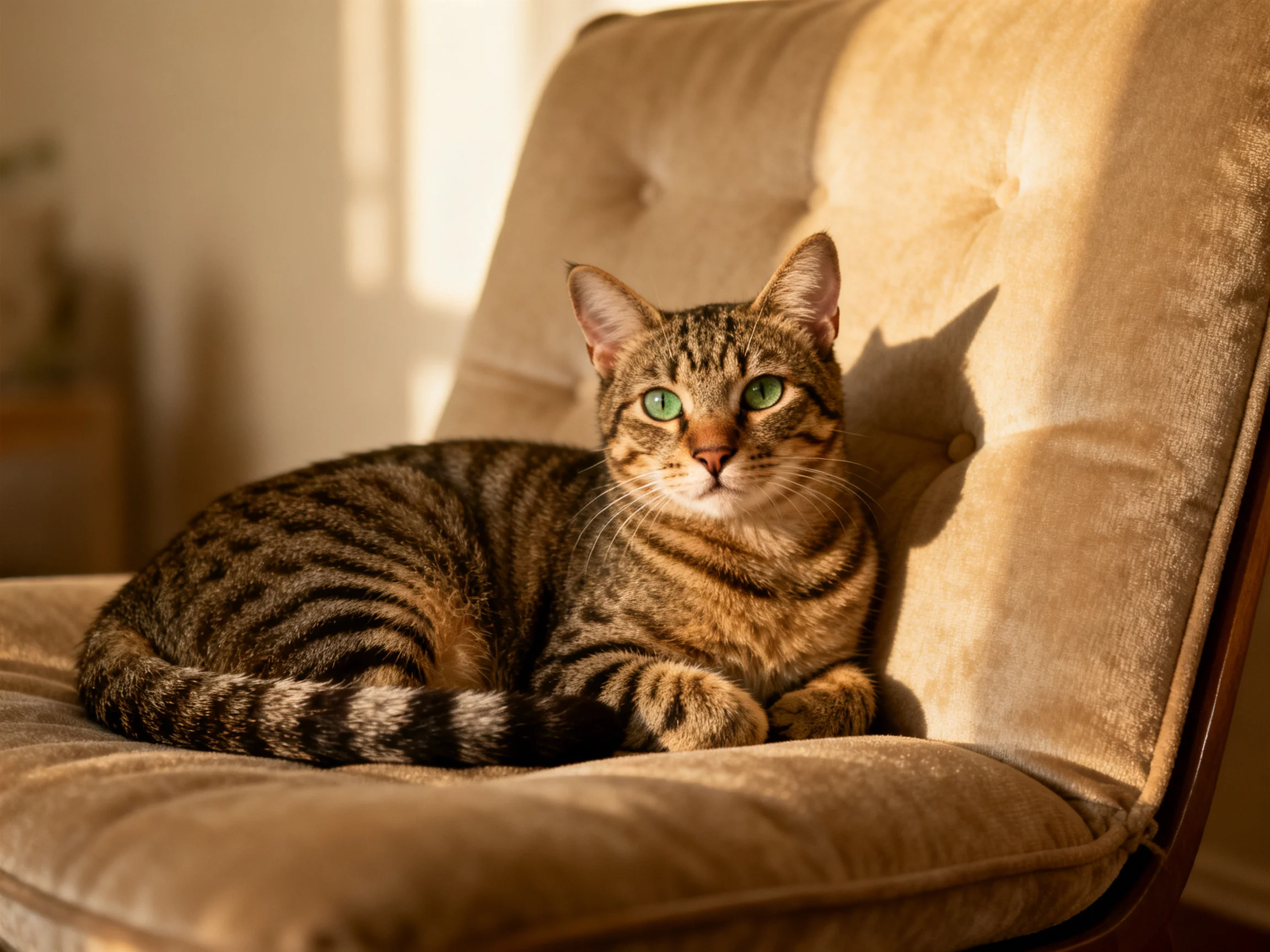 A tabby cat with green eyes relaxes on a plush brown chair