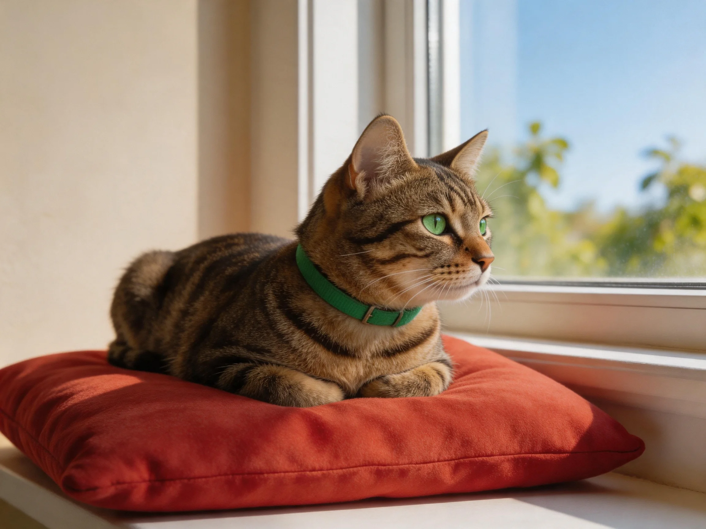A tabby cat with green eyes relaxes on a red cushion near a sunlit window