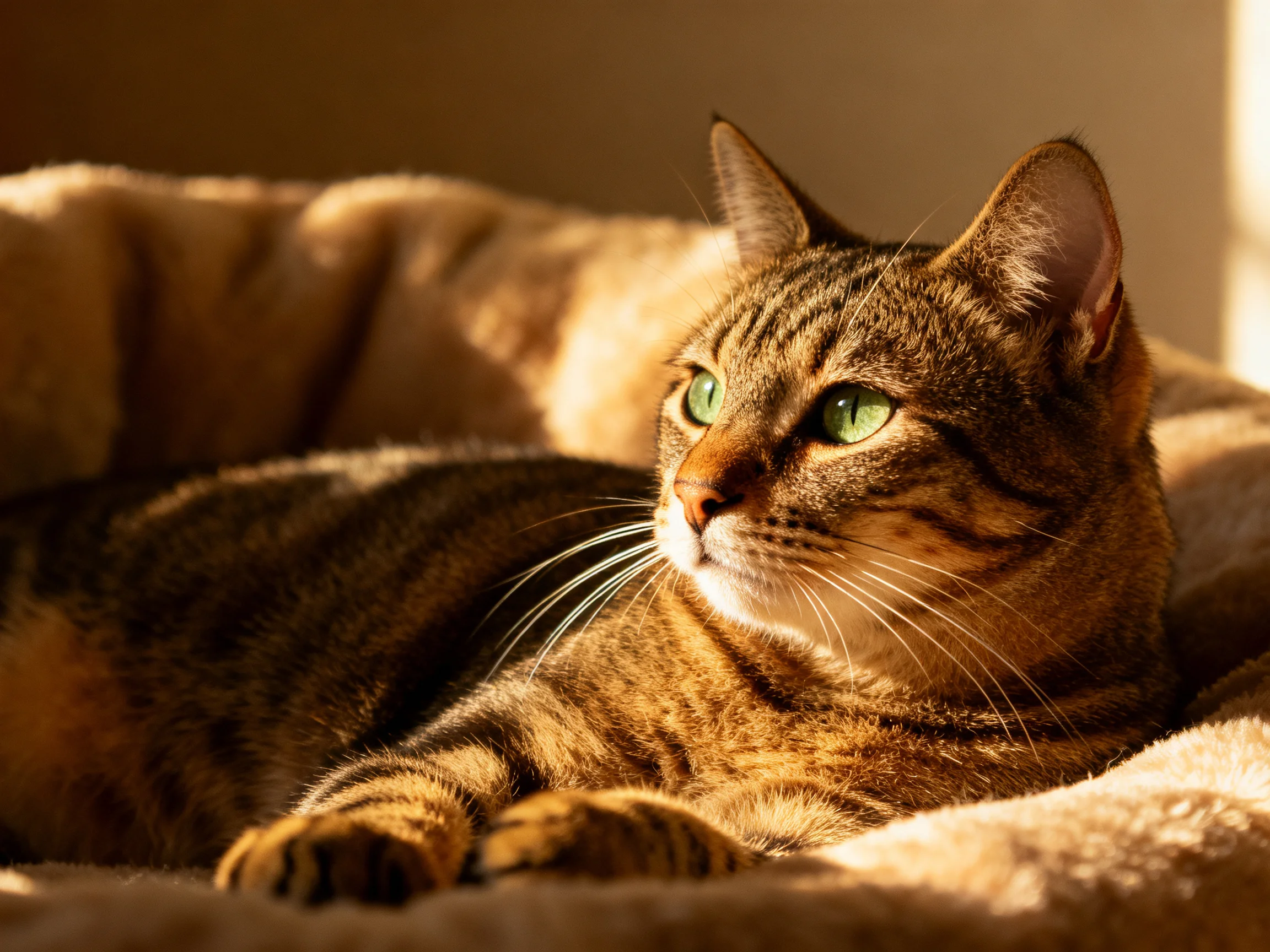 A tabby cat with green eyes relaxes on a cozy bed lit by warm sunlight.