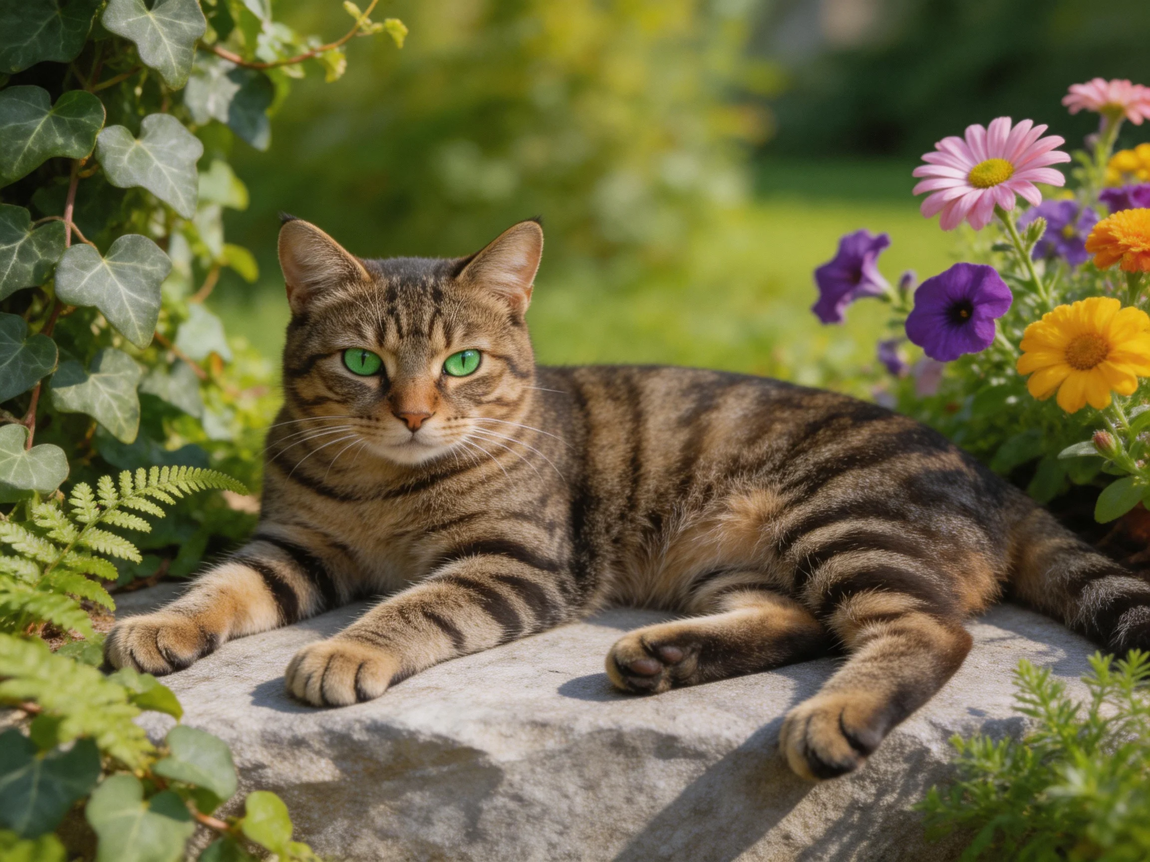 A tabby cat with green eyes relaxes on a stone among vibrant flowers in a sunlit garden.