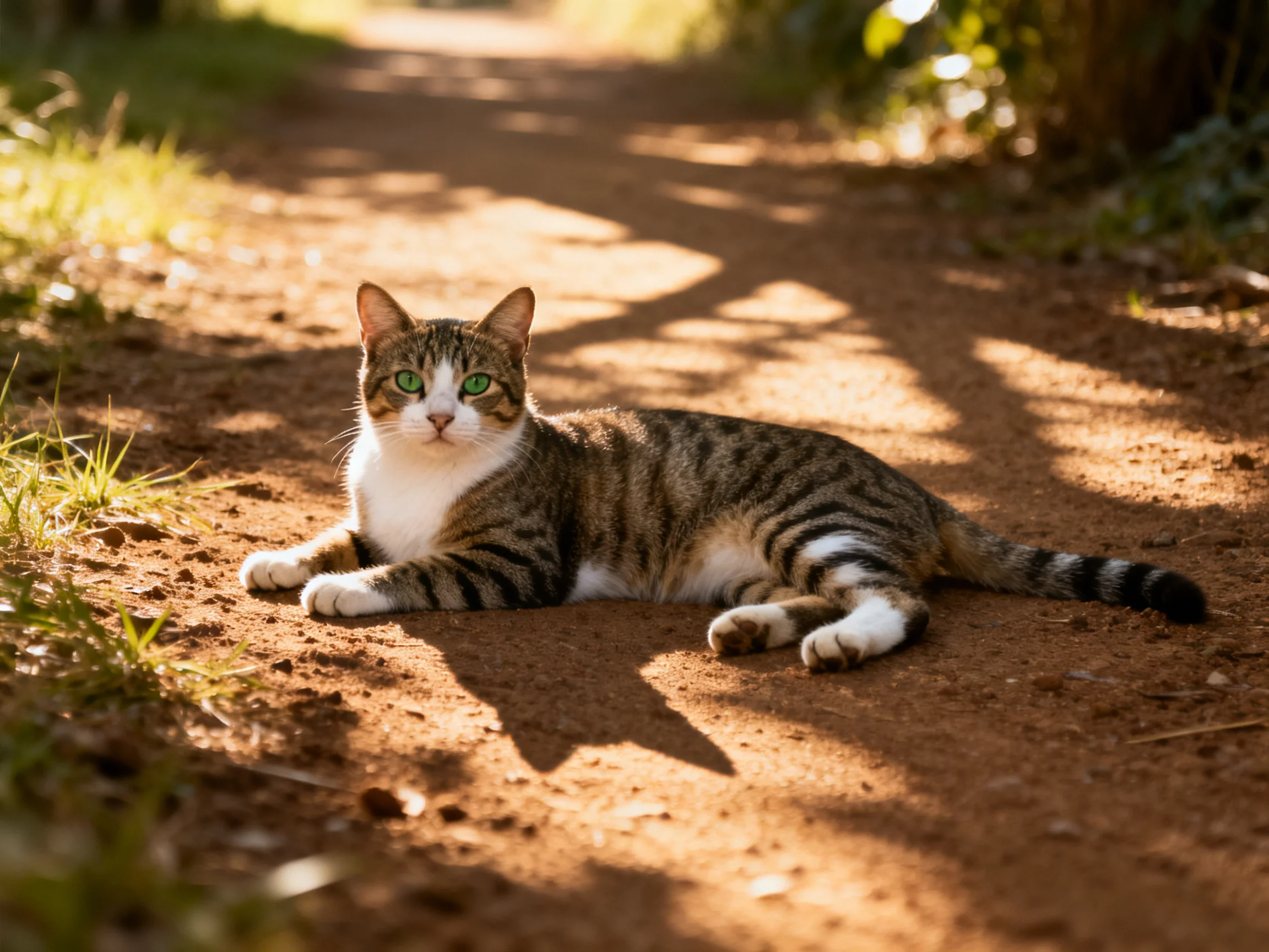 A tabby cat with green eyes relaxes on a sunlit dirt path.
