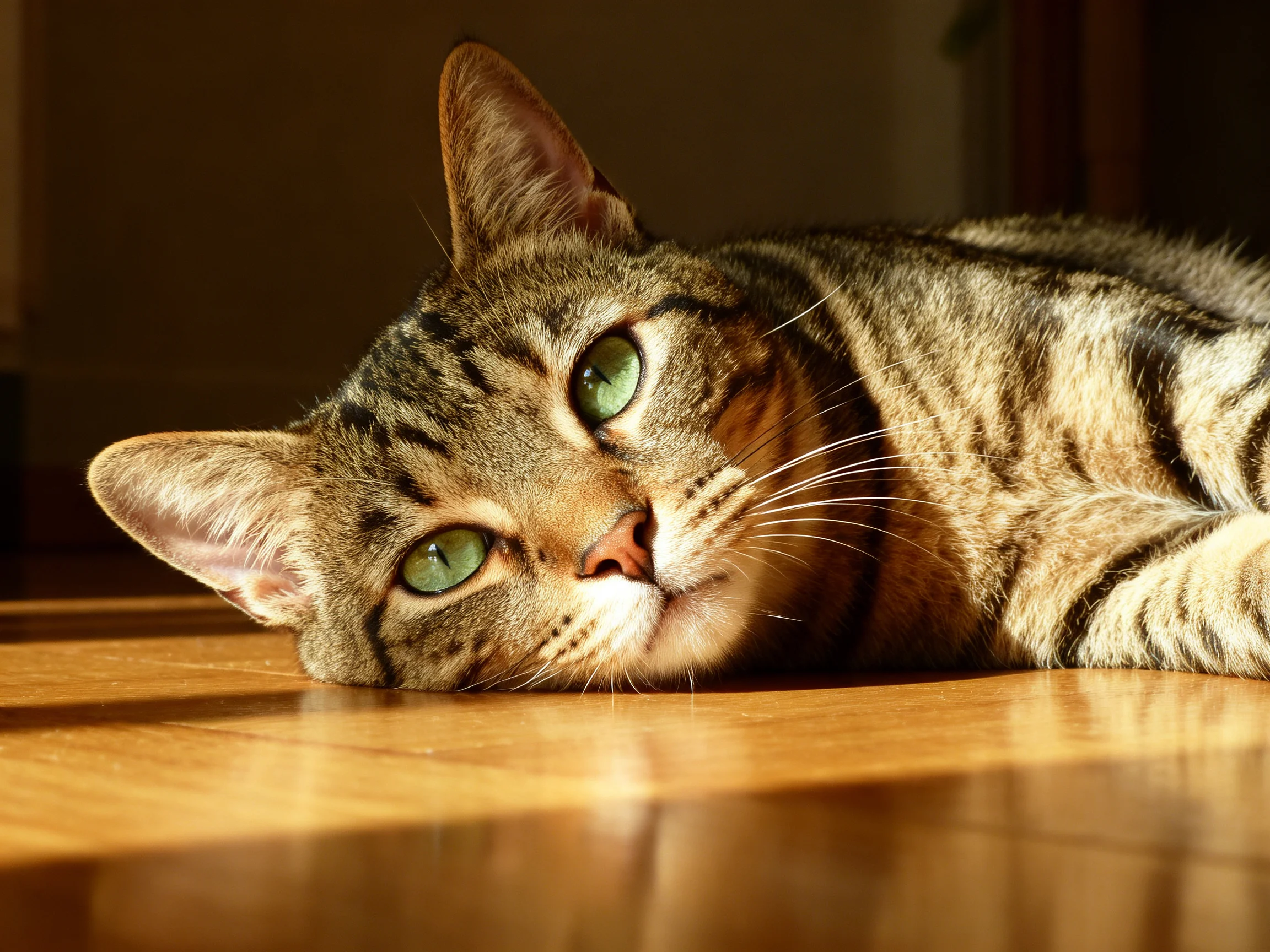 A tabby cat with green eyes relaxes on a wooden floor under warm lighting.