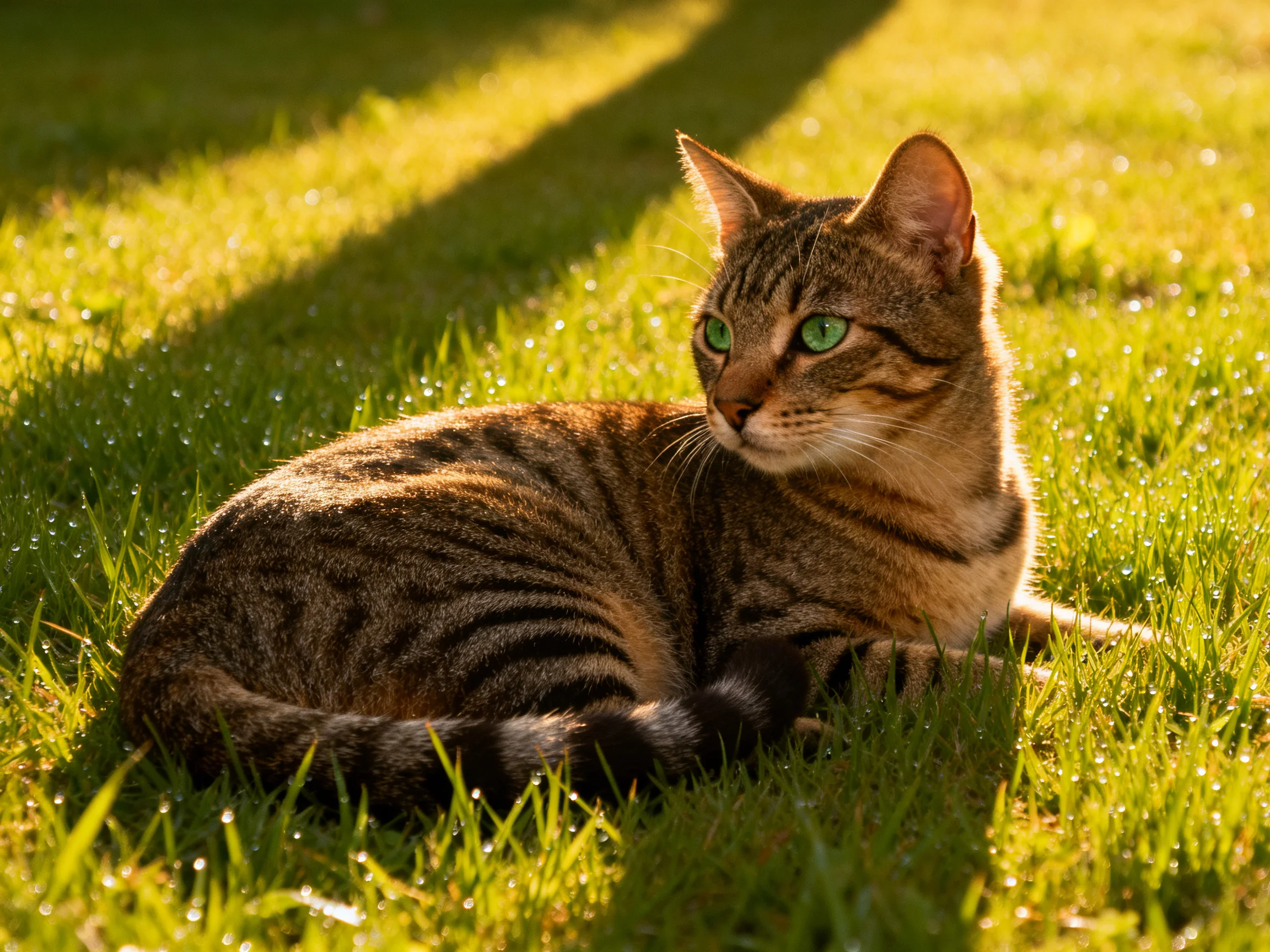 A tabby cat with green eyes relaxes on sunlit grass.