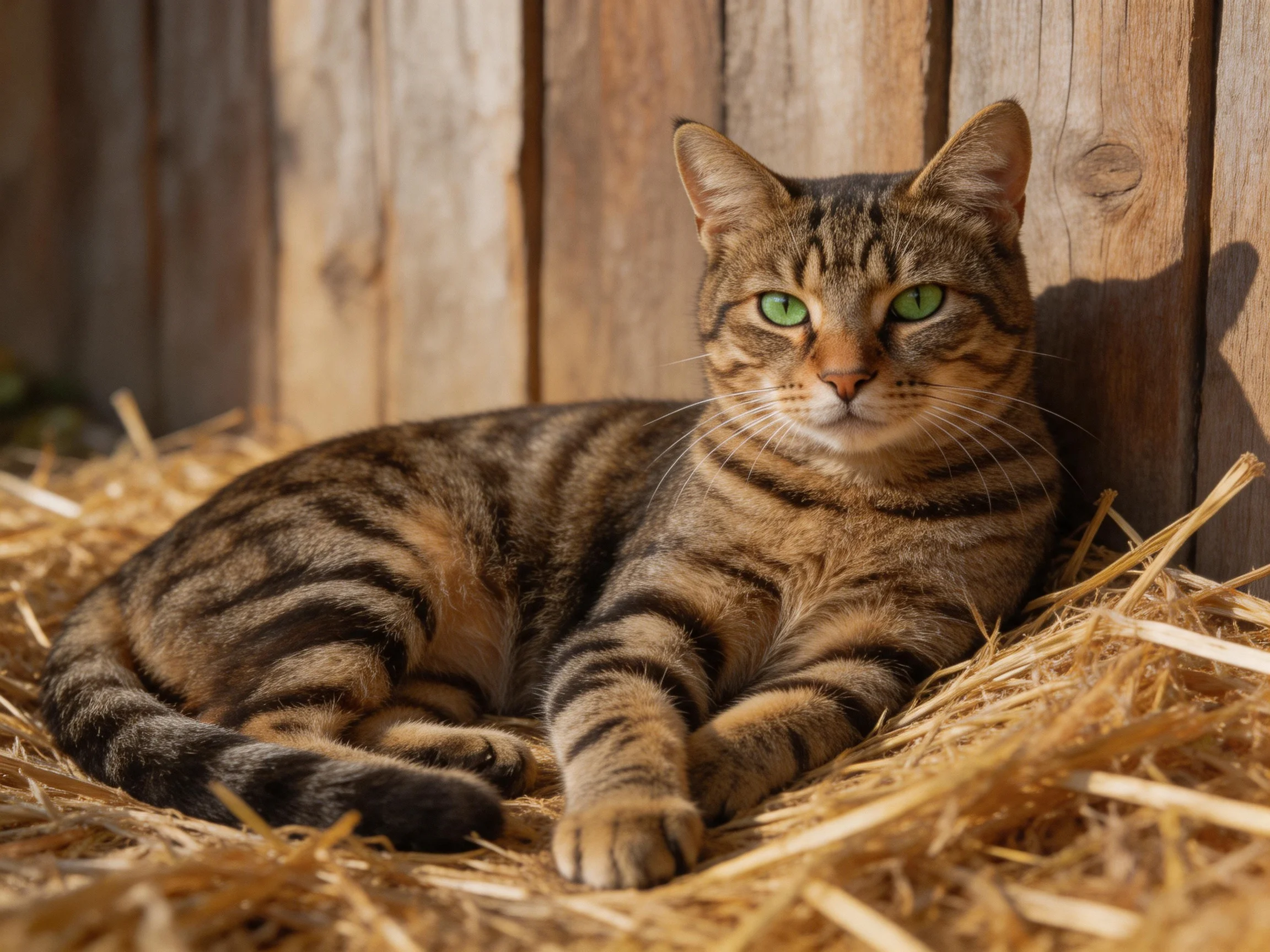A tabby cat with green eyes lies comfortably on straw near a wooden structure.