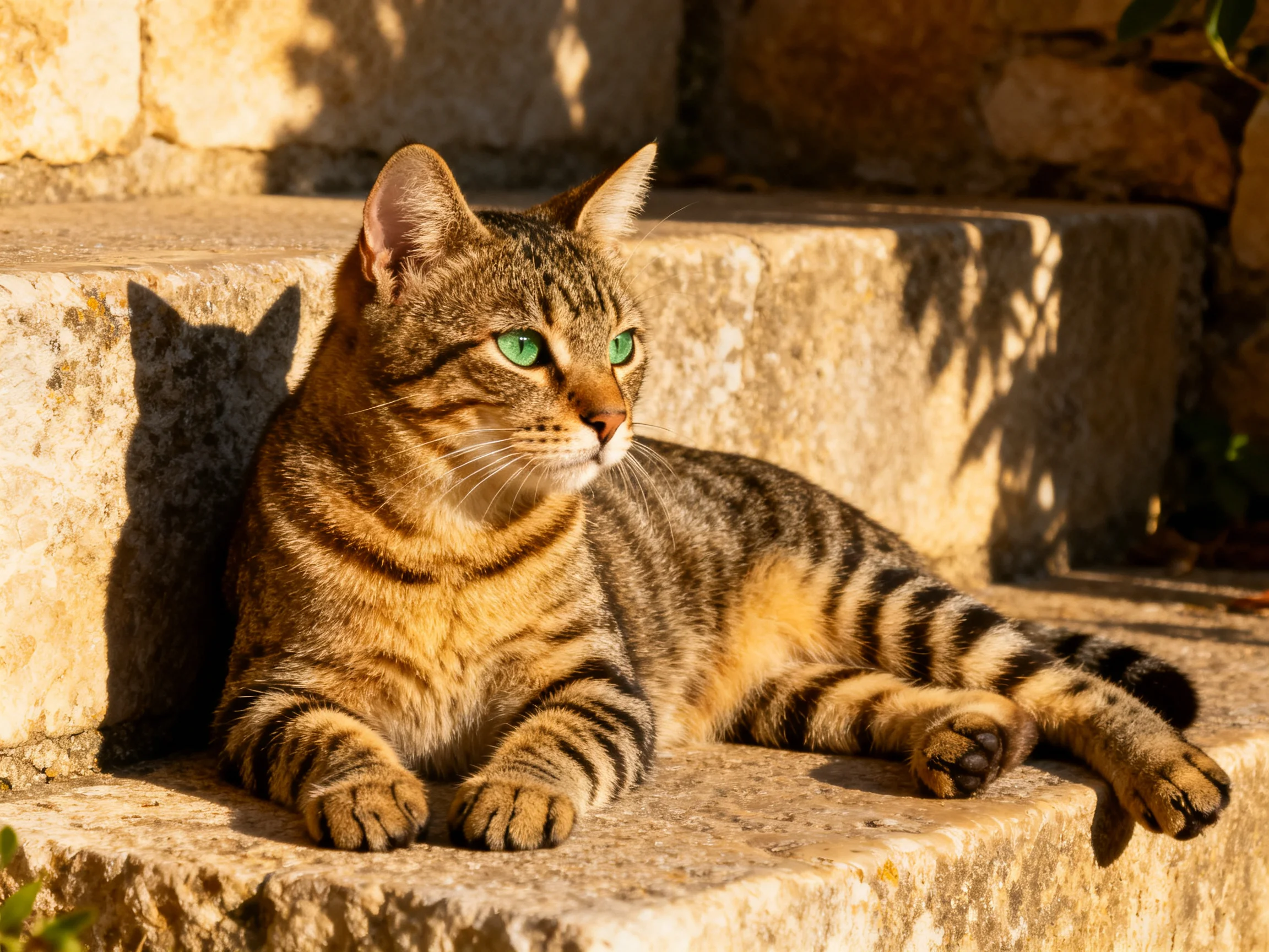 A tabby cat with green eyes relaxes on stone steps in bright sunlight.