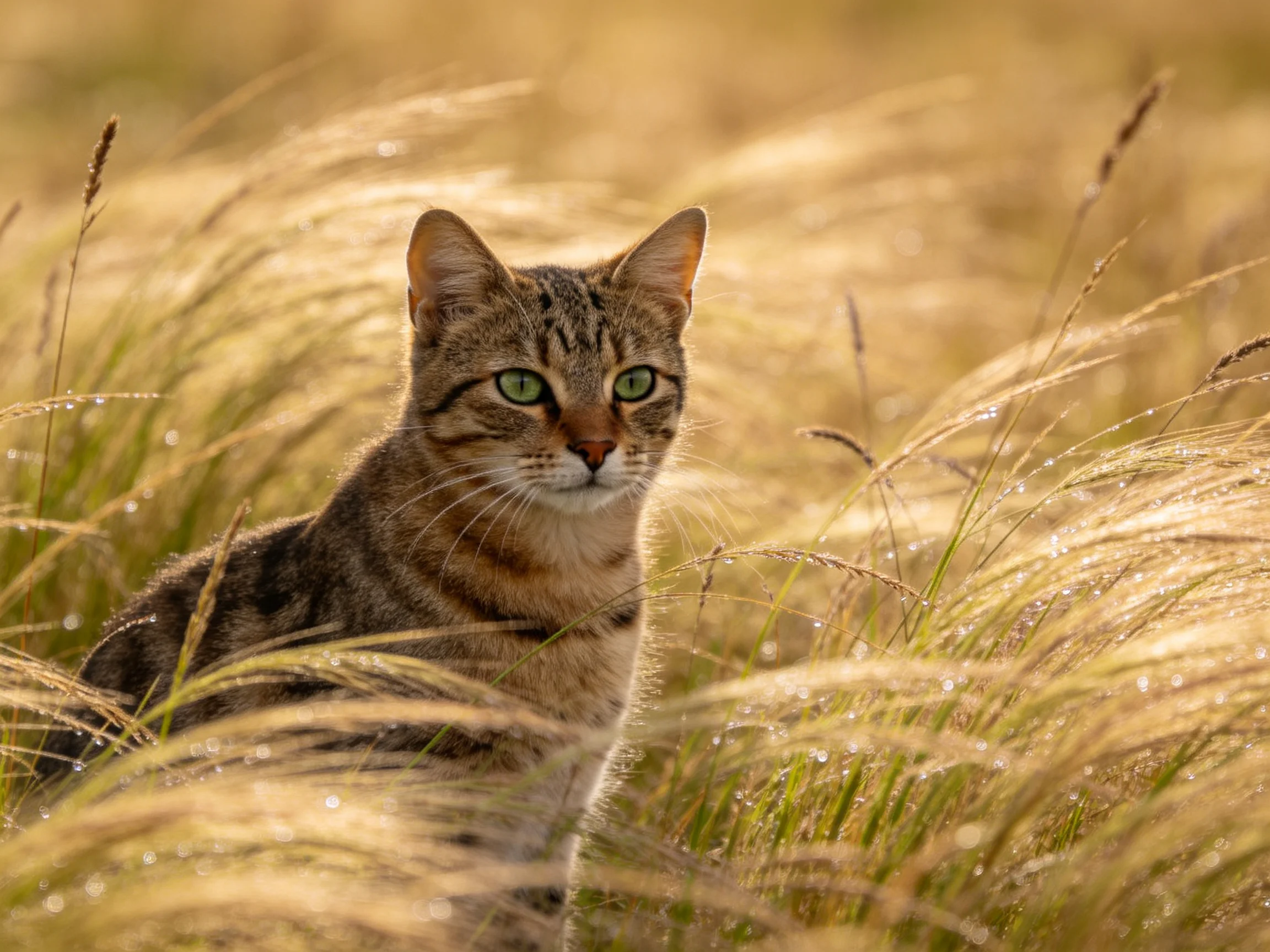 A tabby cat with green eyes sits amid golden, dewy tall grasses