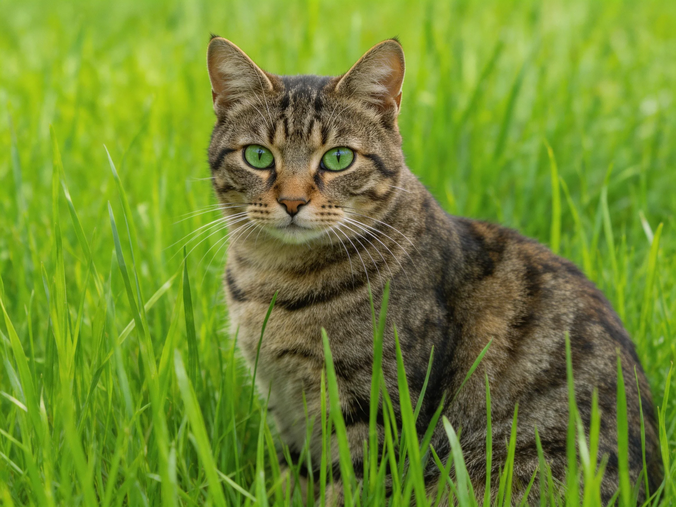A tabby cat with green eyes rests in a field of tall green grass.