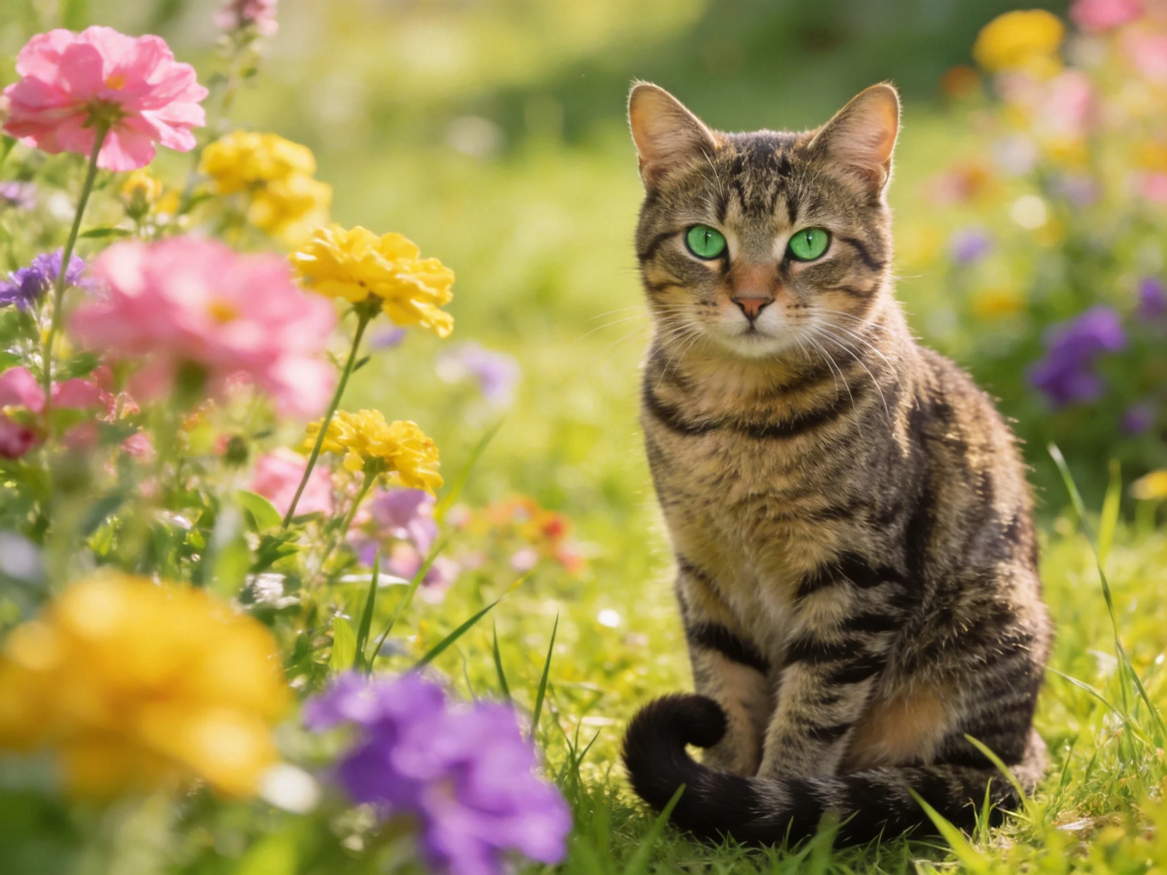 A tabby cat with green eyes rests among colorful flowers in a sunny meadow.