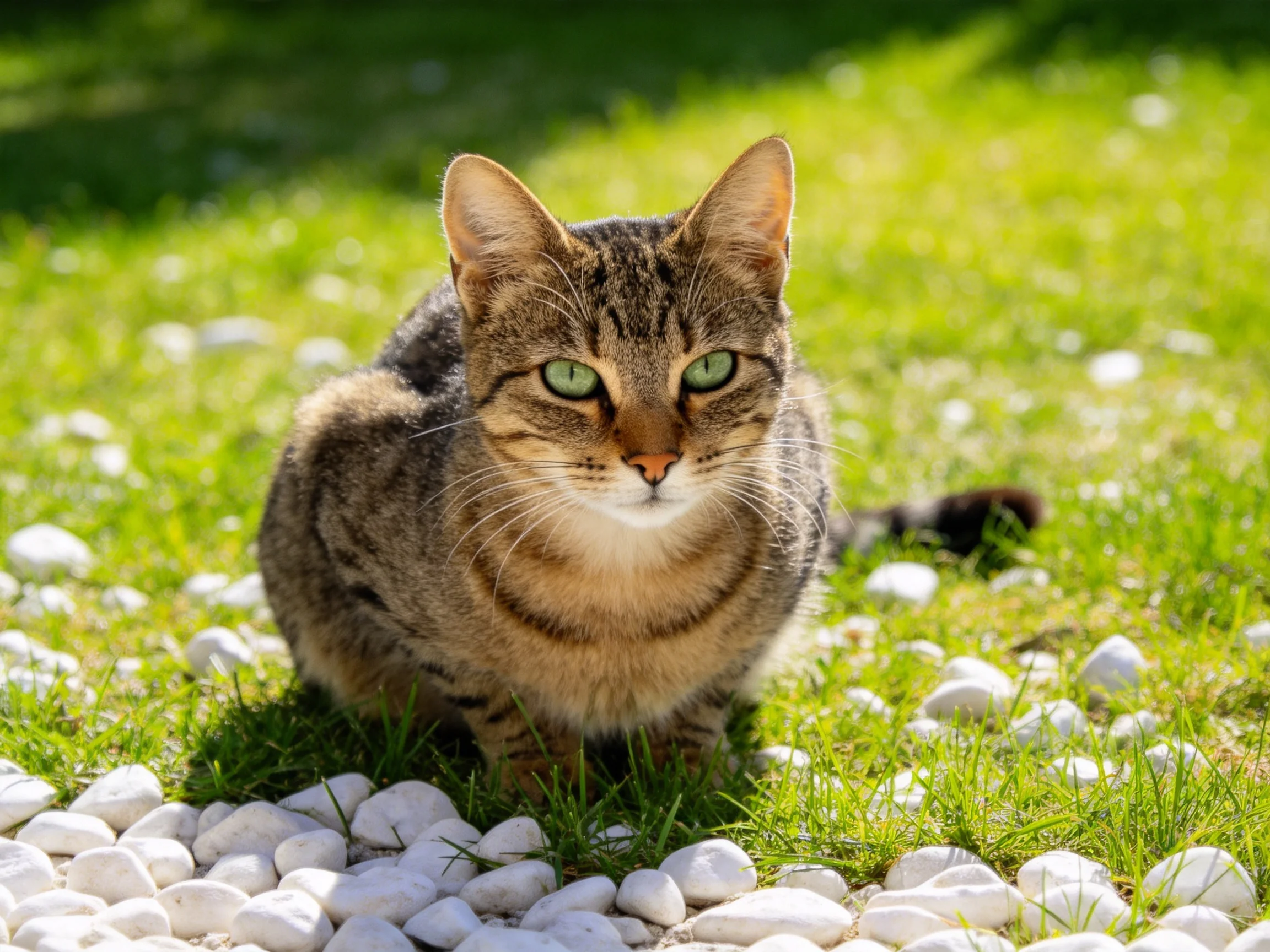 A tabby cat with green eyes rests near white pebbles in a grassy area.