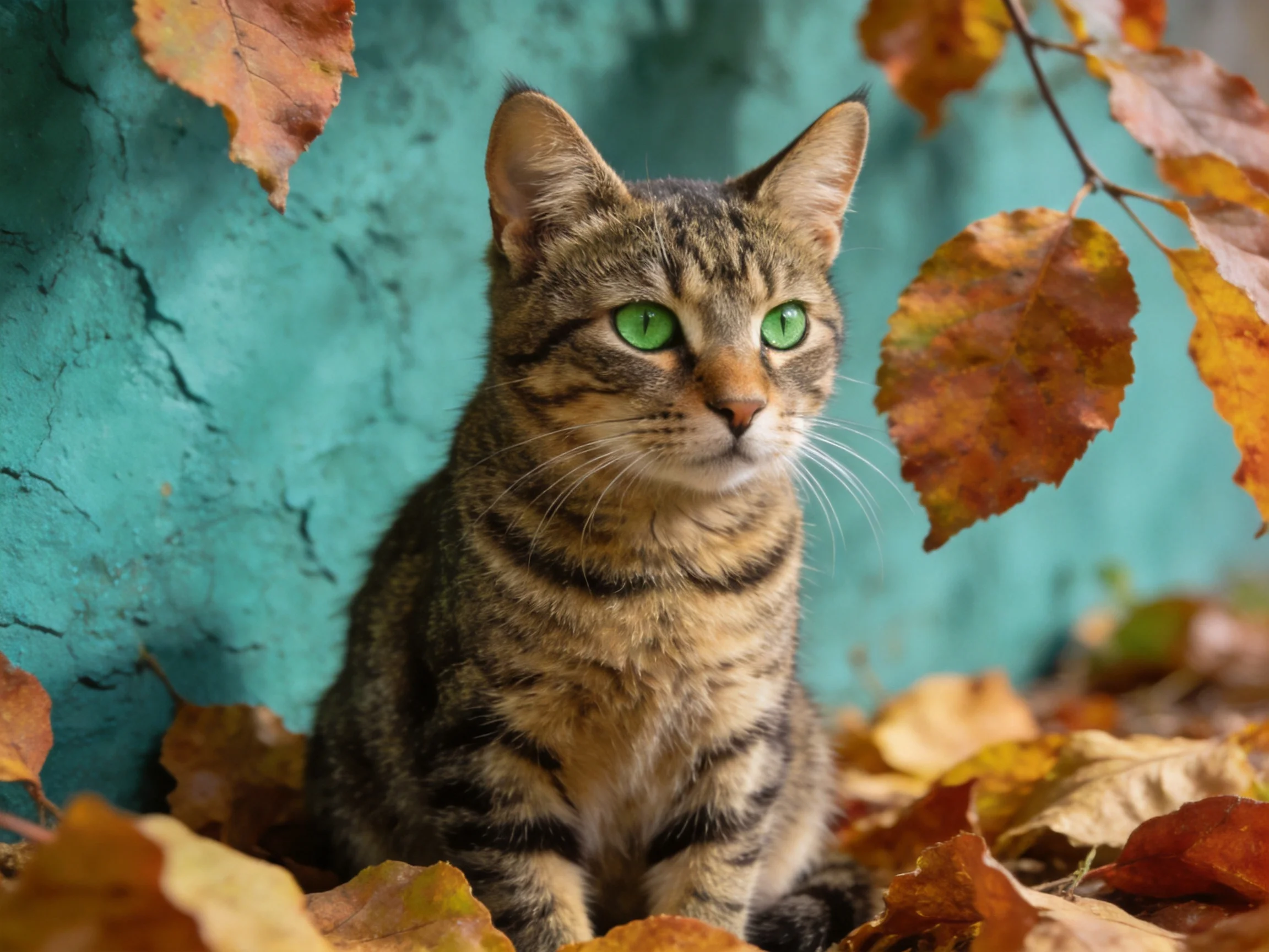 A tabby cat with green eyes rests amid fallen autumn leaves next to a turquoise wall.