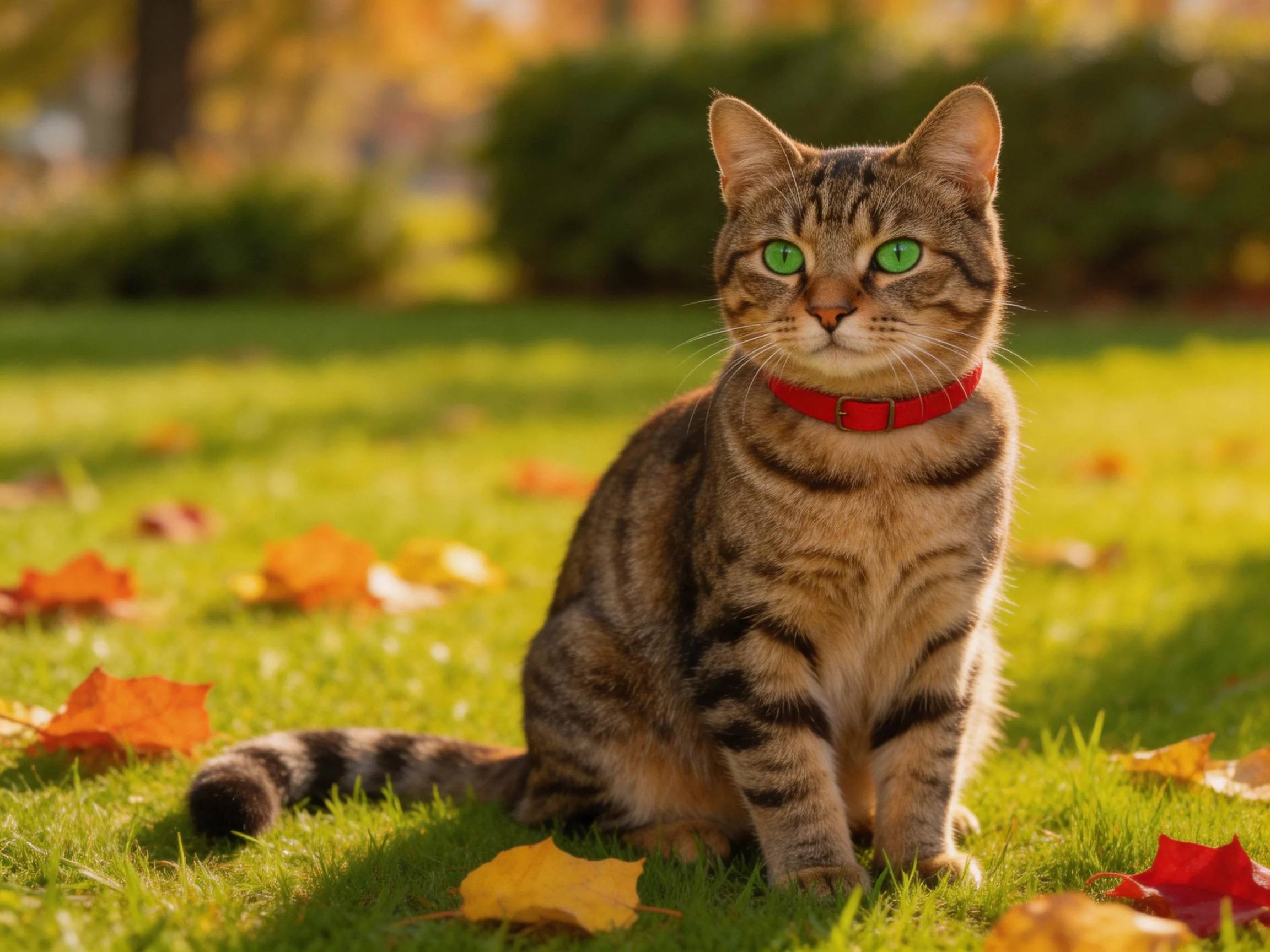 A tabby cat with a red collar rests near scattered autumn leaves on grass.