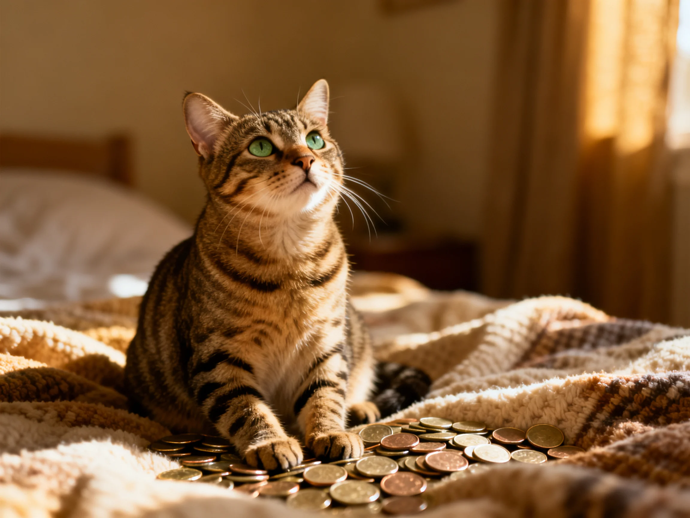 A tabby cat sits near coins on a sunlit bed