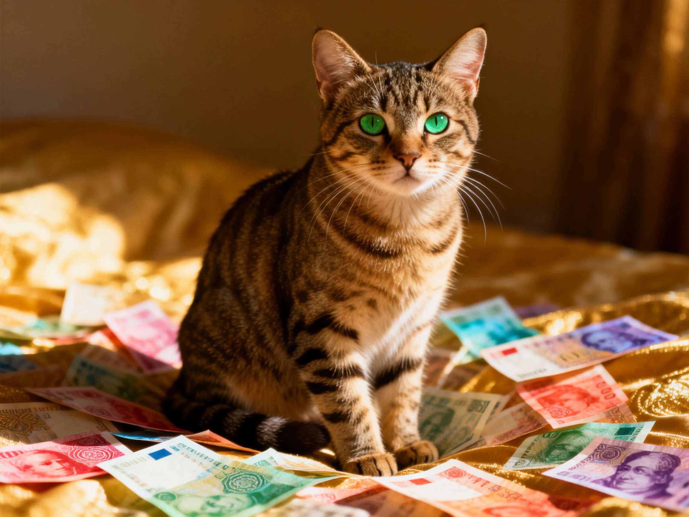 A tabby cat with green eyes sits on a golden surface covered with various colored banknotes.