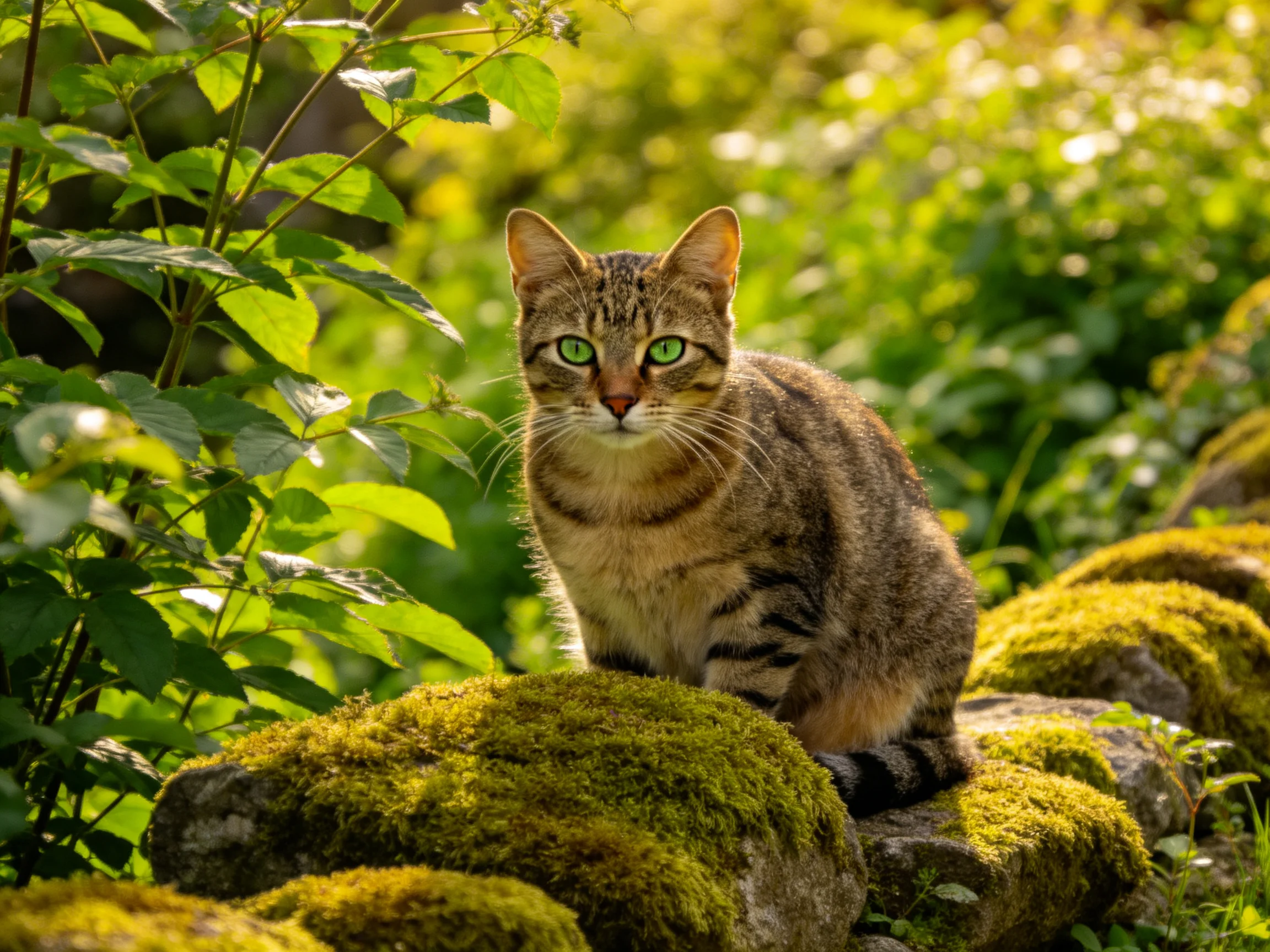 A tabby cat with green eyes rests on mossy rocks in a sunlit, leafy environment.