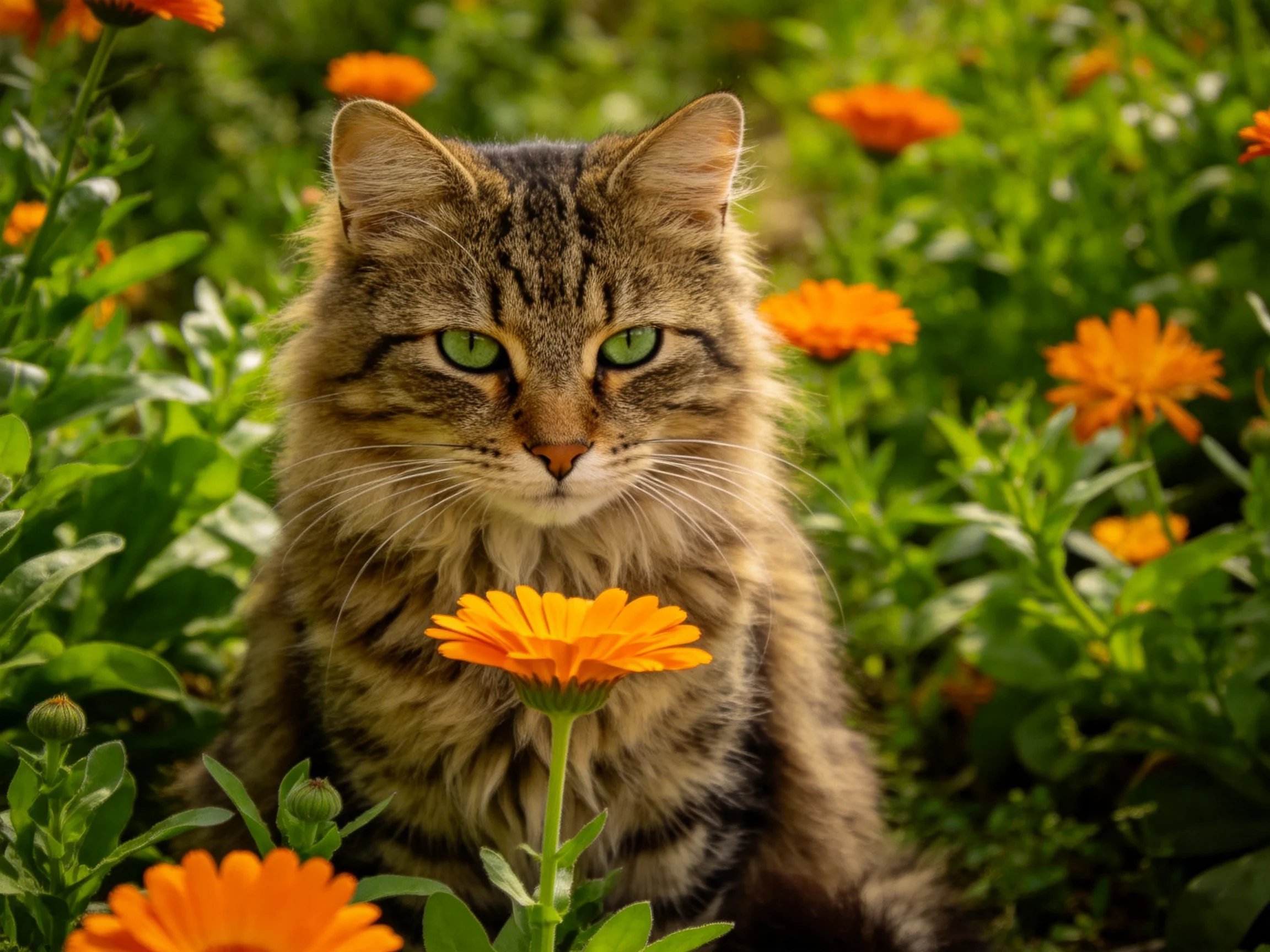 A tabby cat with green eyes rests among orange flowers in a sunlit garden.