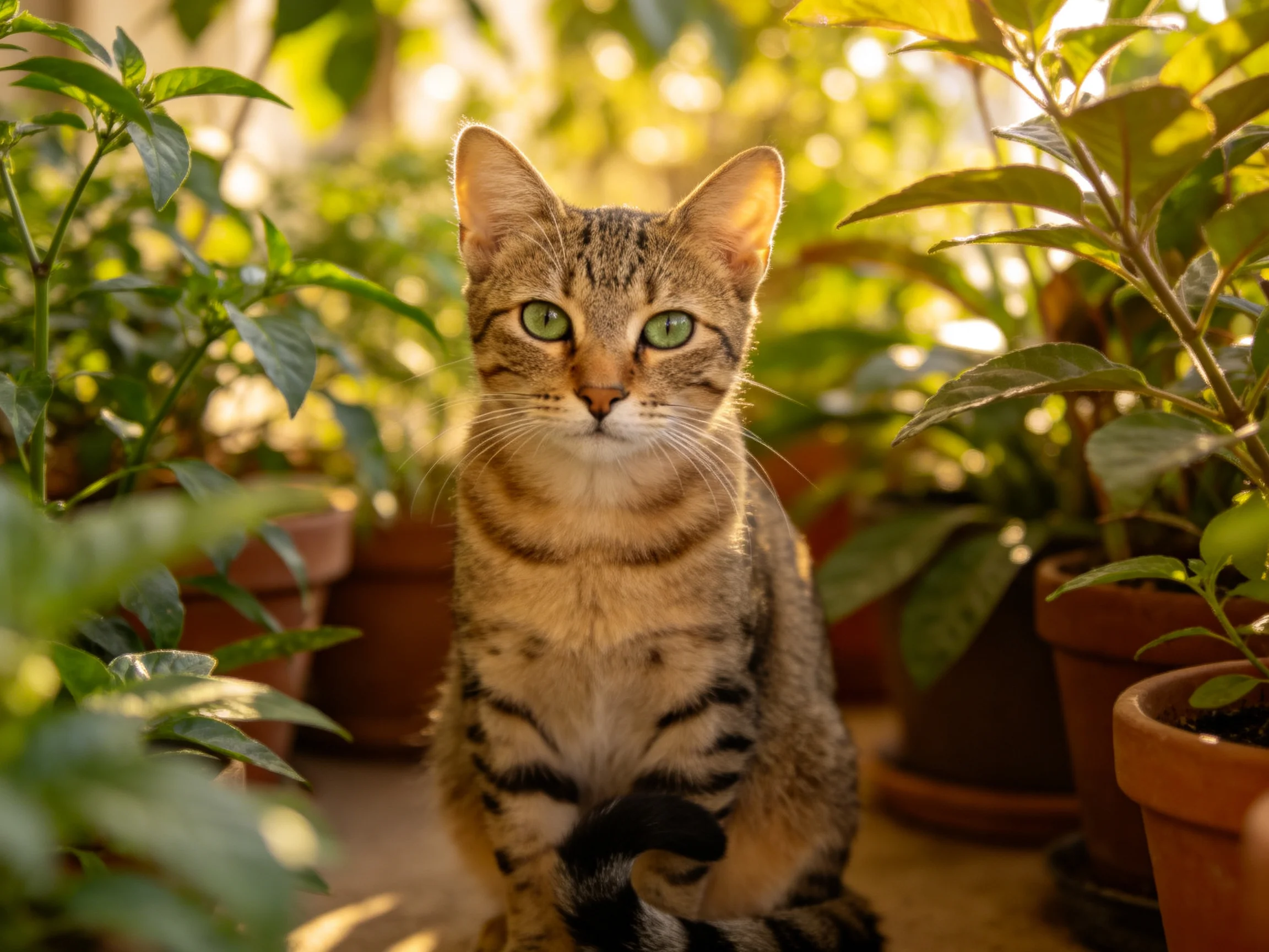 A tabby cat with green eyes sits among potted plants in a sunlit space.