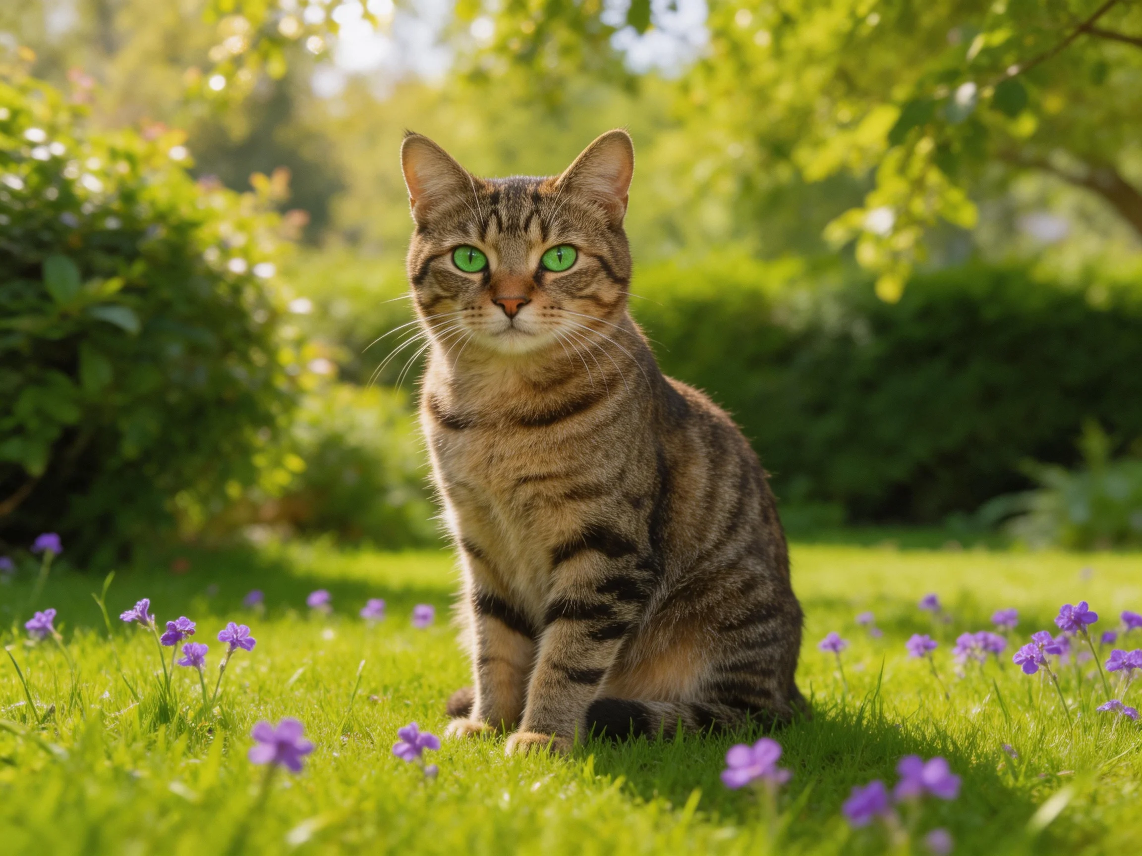 A tabby cat with green eyes sits on grass near purple flowers in a sunlit garden.