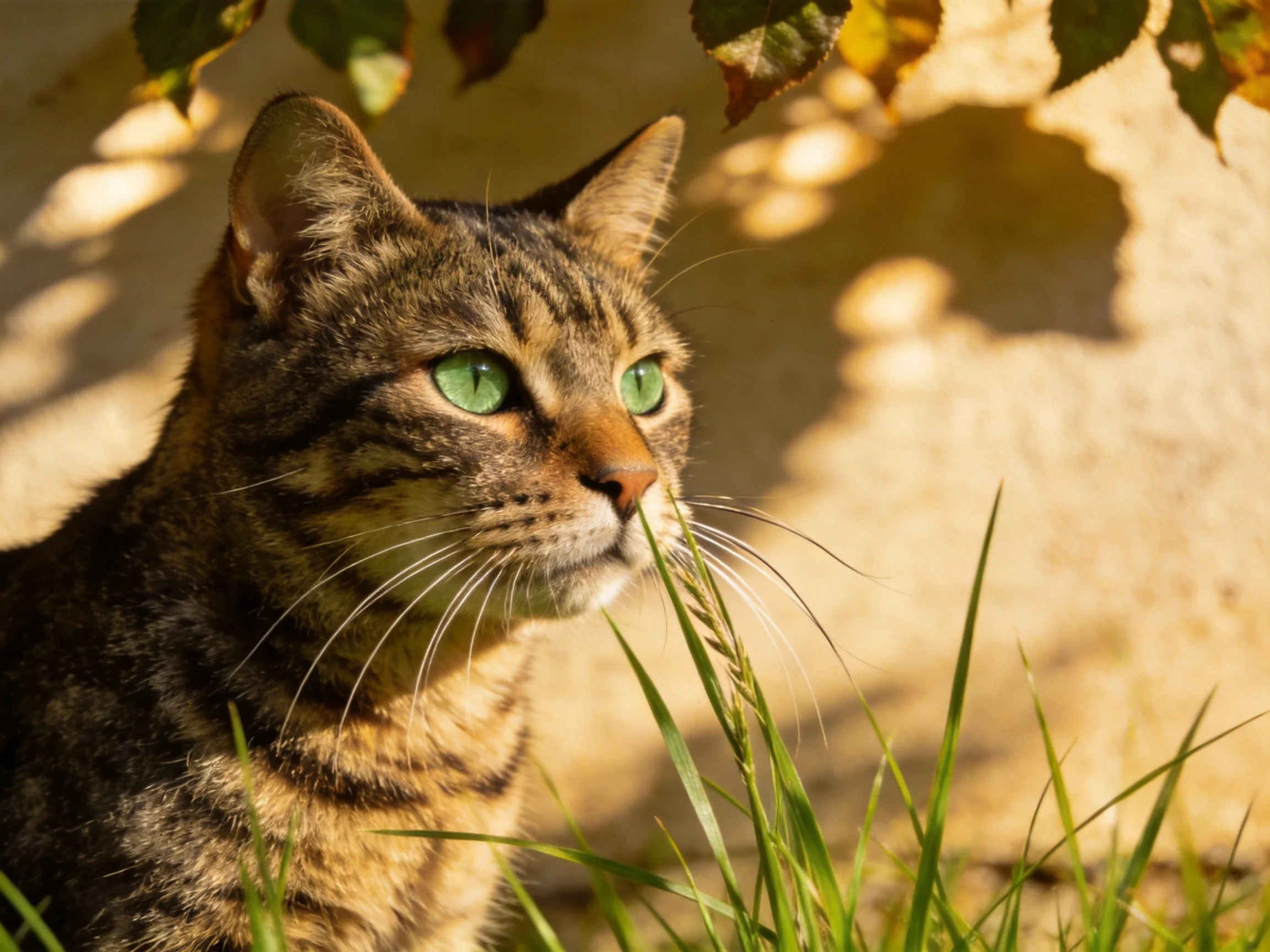 A tabby cat with green eyes sits near tall grass under sunlight.