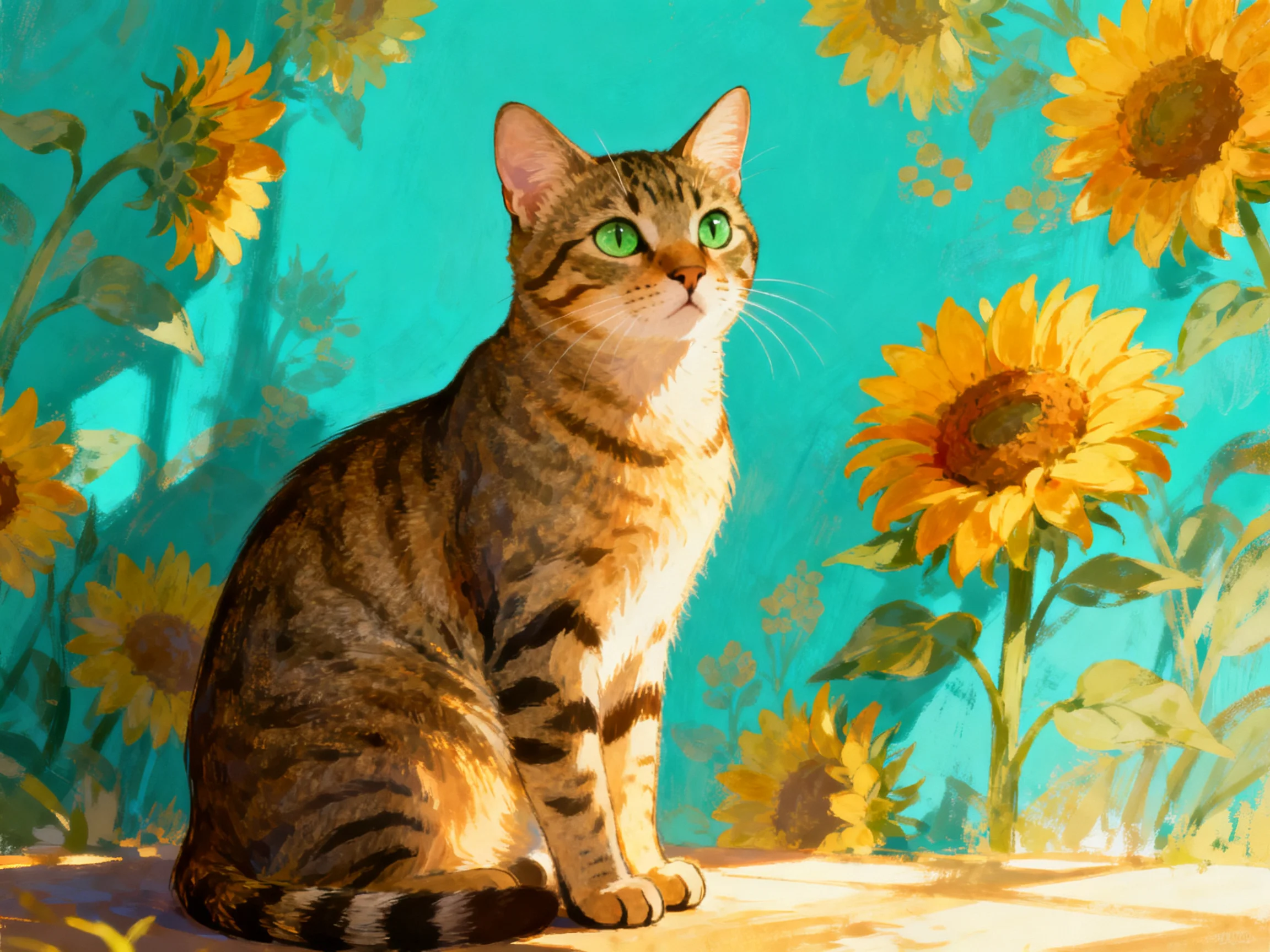A tabby cat with green eyes sits among vibrant sunflower blooms