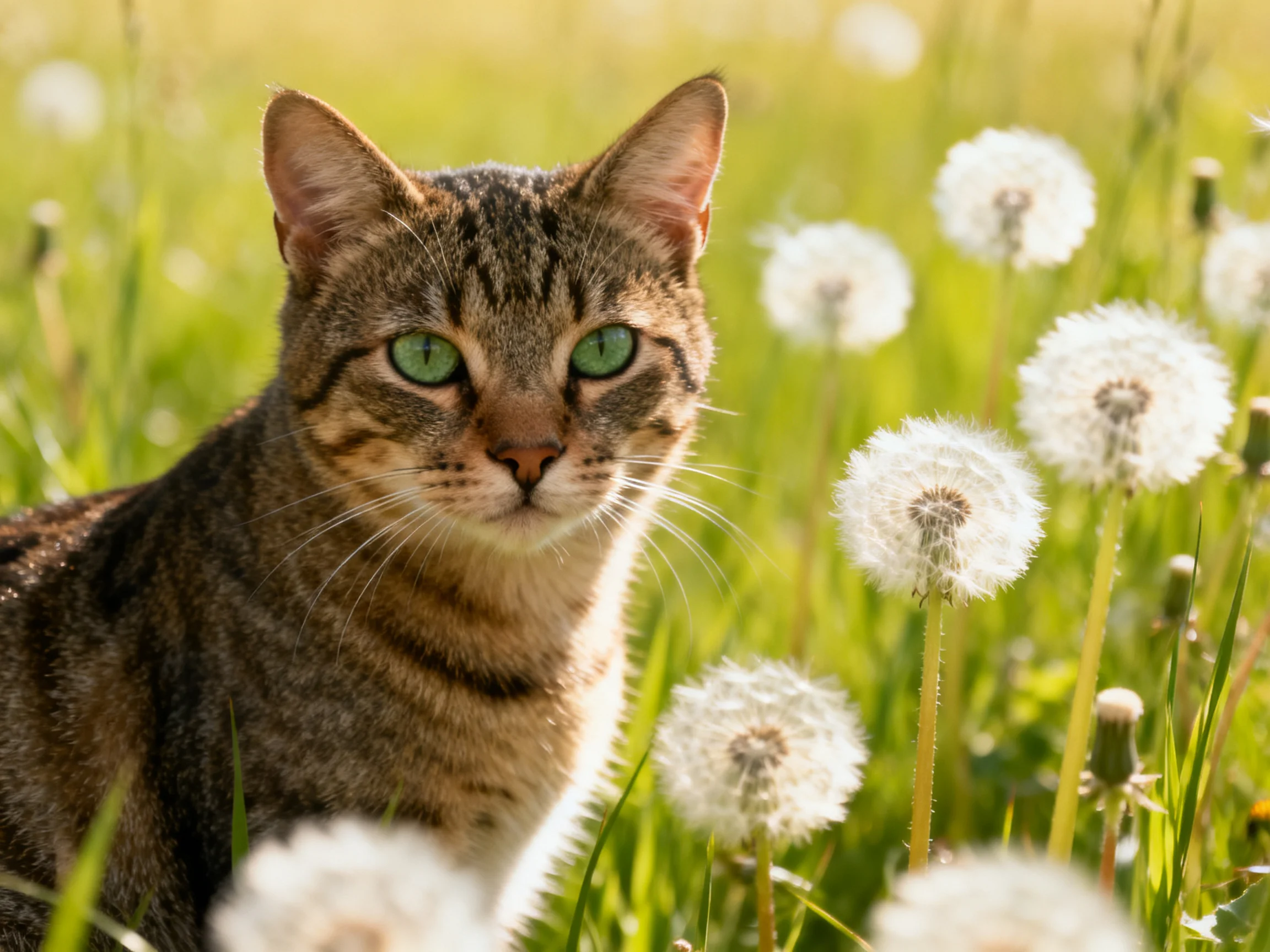 A tabby cat with green eyes is near white dandelions in a sunlit meadow.