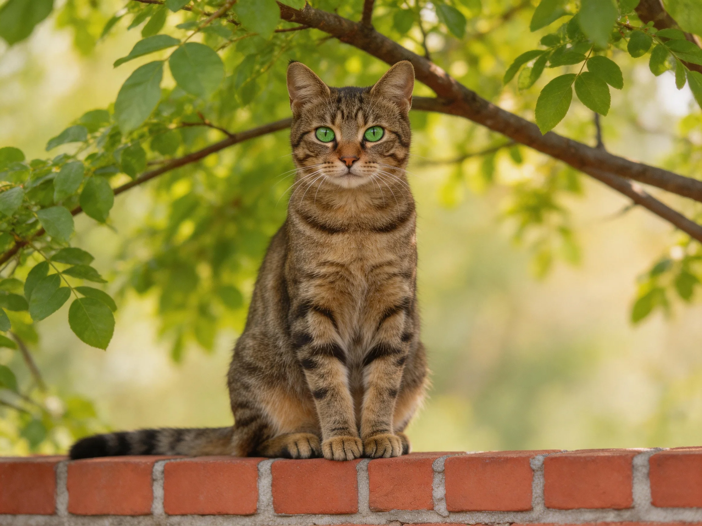 A tabby cat with green eyes rests on a red brick wall amid leafy surroundings.