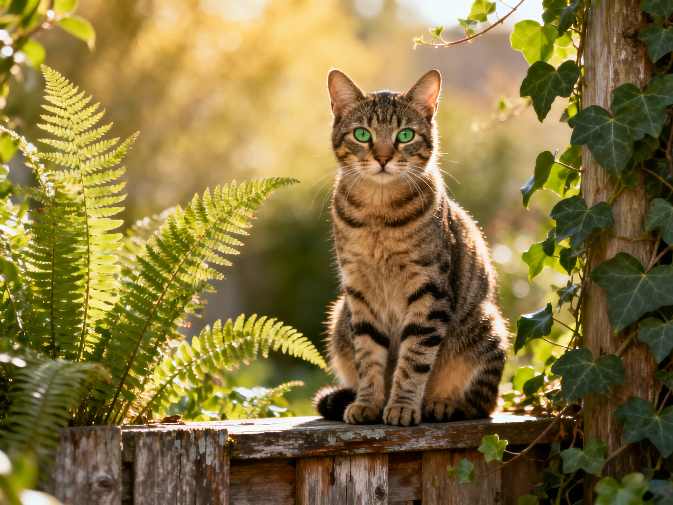 A tabby cat with green eyes rests on a weathered wooden fence in a sunlit garden setting.