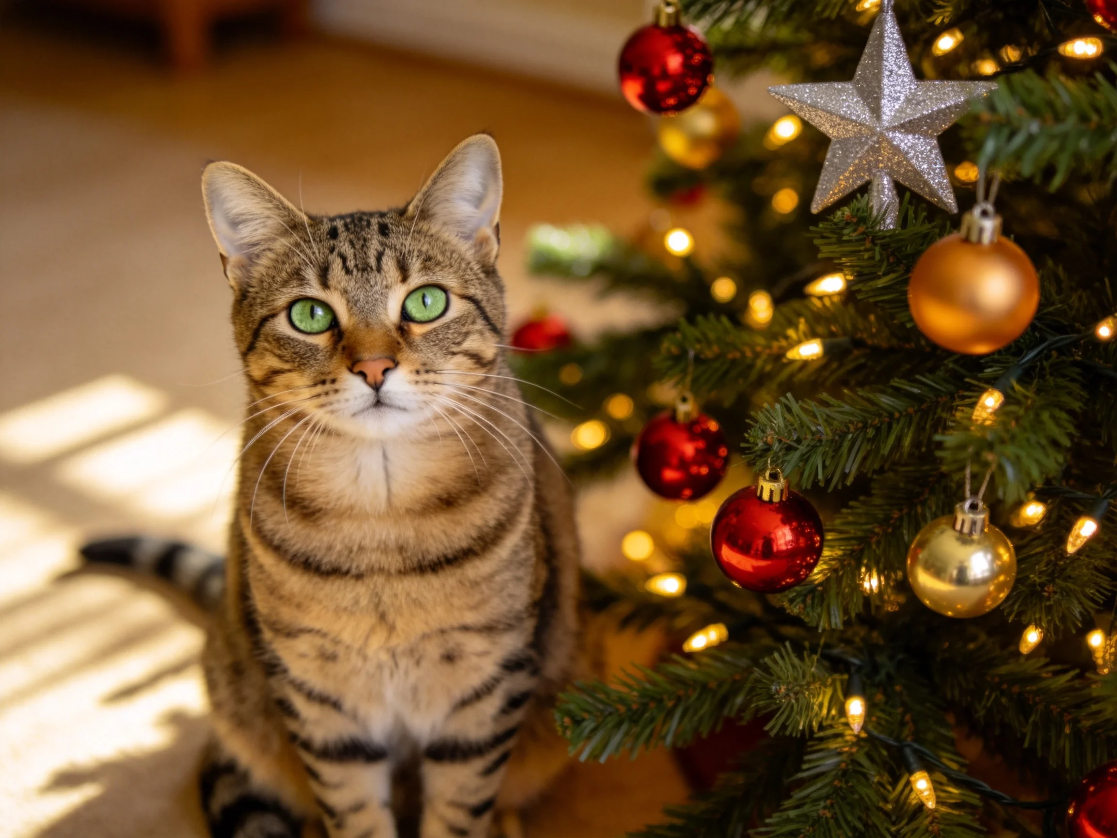 A tabby cat sits near a decorated Christmas tree indoors.