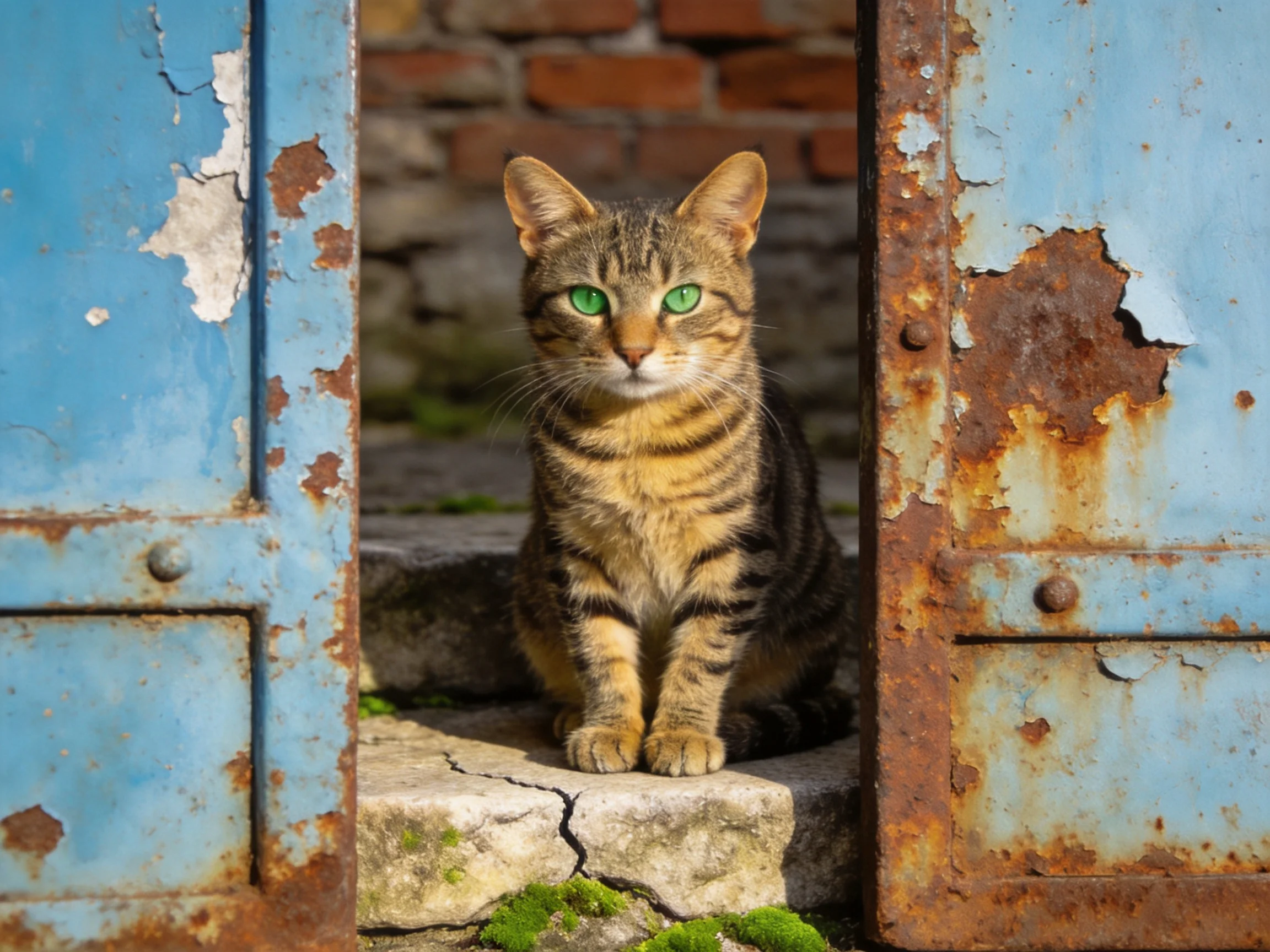 A tabby cat with green eyes sits between old blue and rusted metal doors.