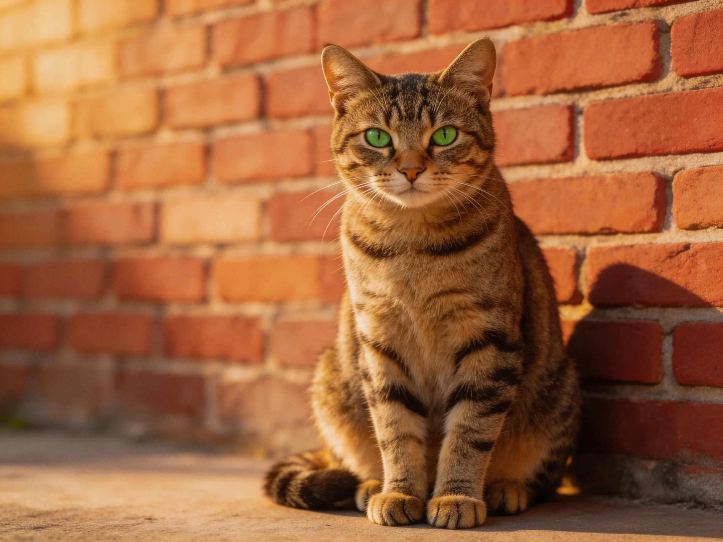 A tabby cat with green eyes sits next to a red brick wall.