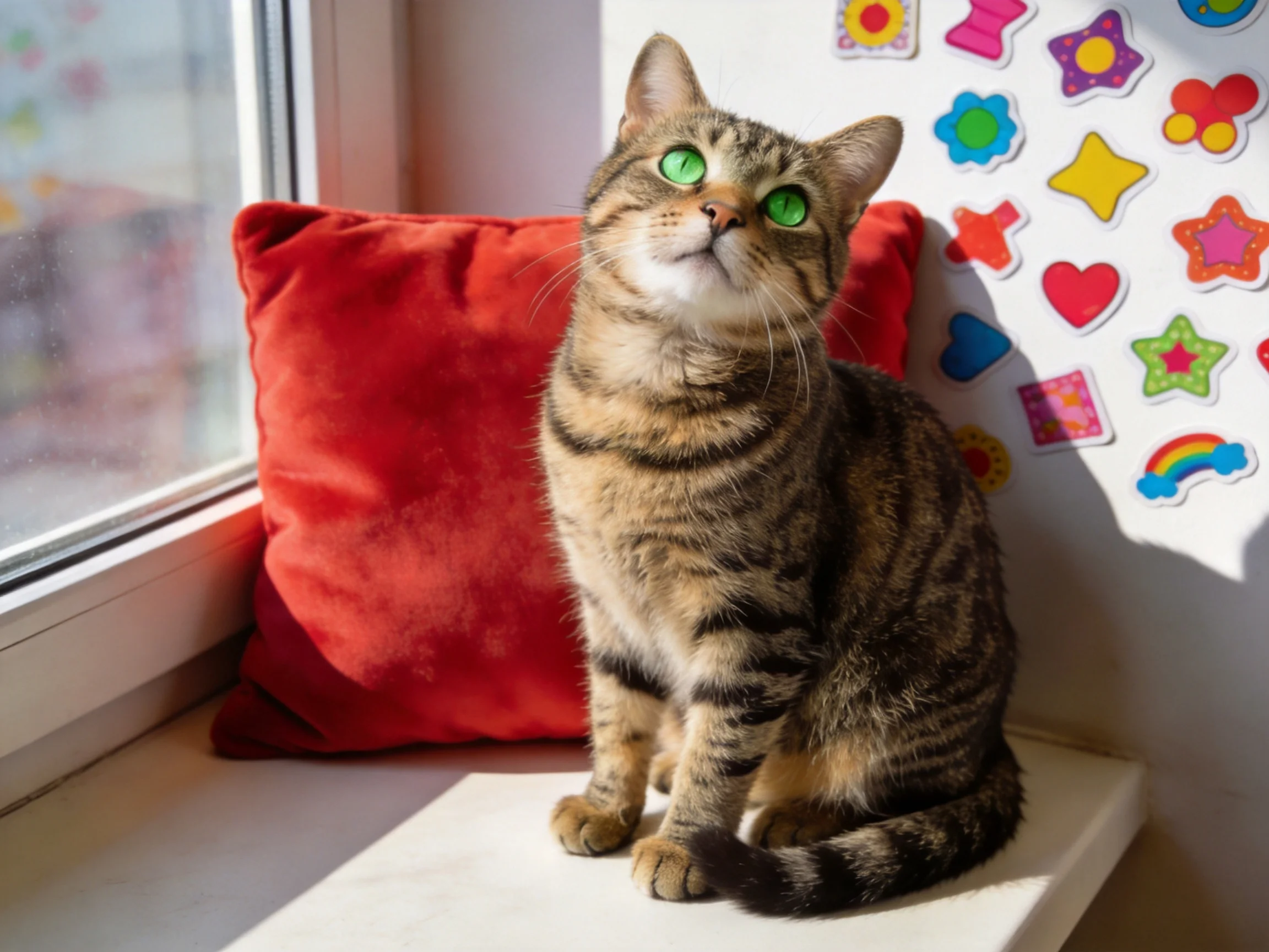 A tabby cat with green eyes rests near a red cushion by a window with colorful wall art