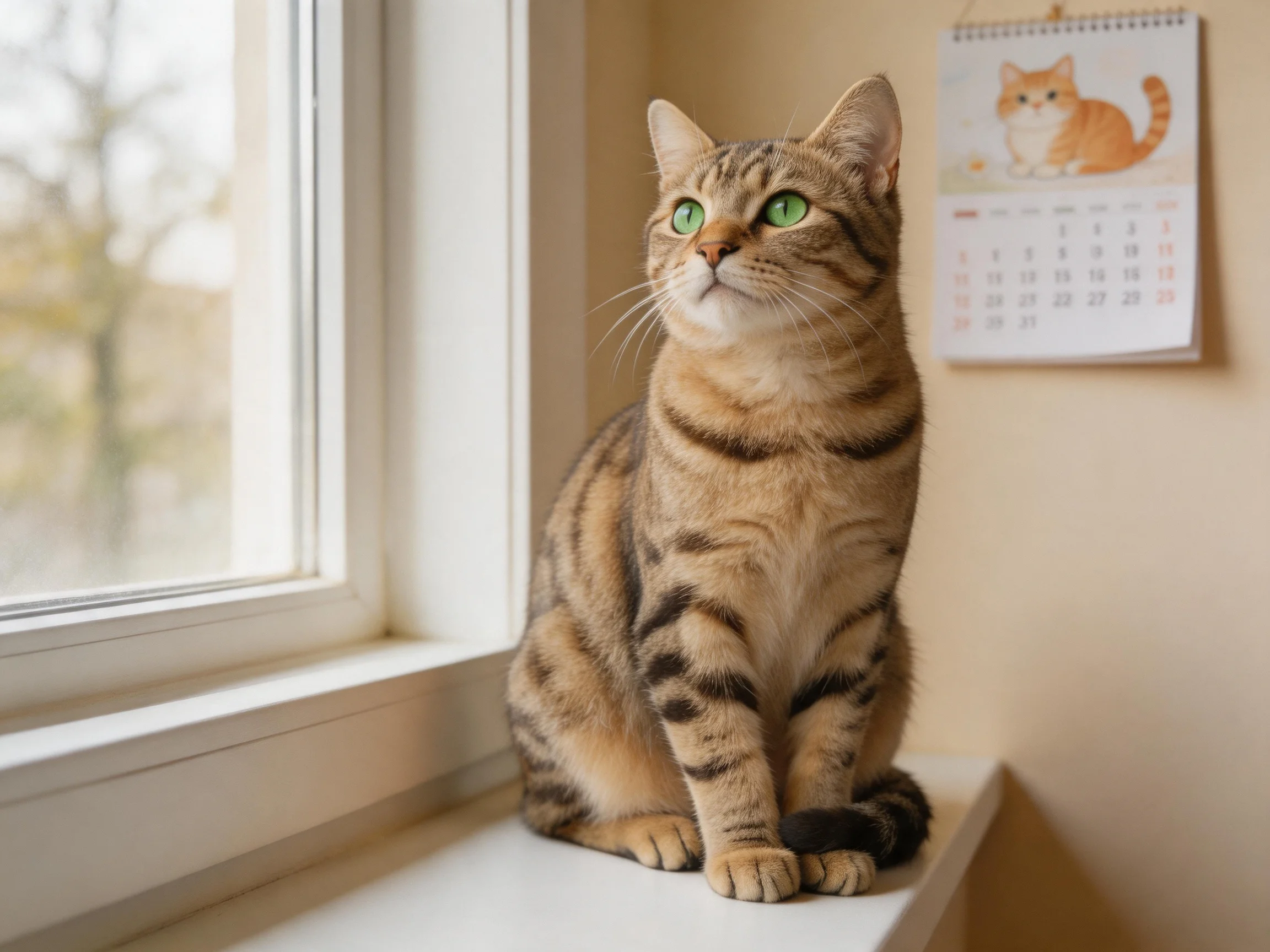 A tabby cat with green eyes sits by a sunlit window beside a wall calendar
