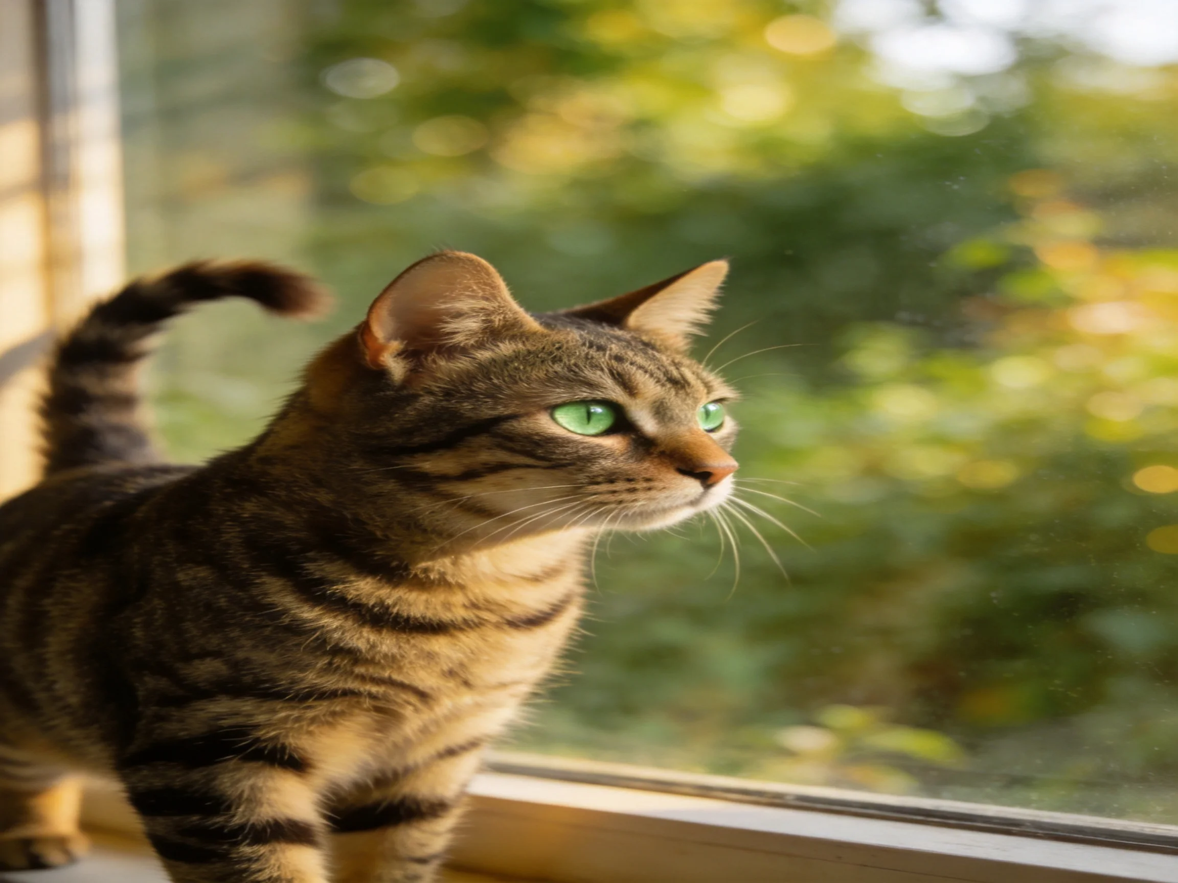 A tabby cat with green eyes observes the outdoors from a sunlit window.