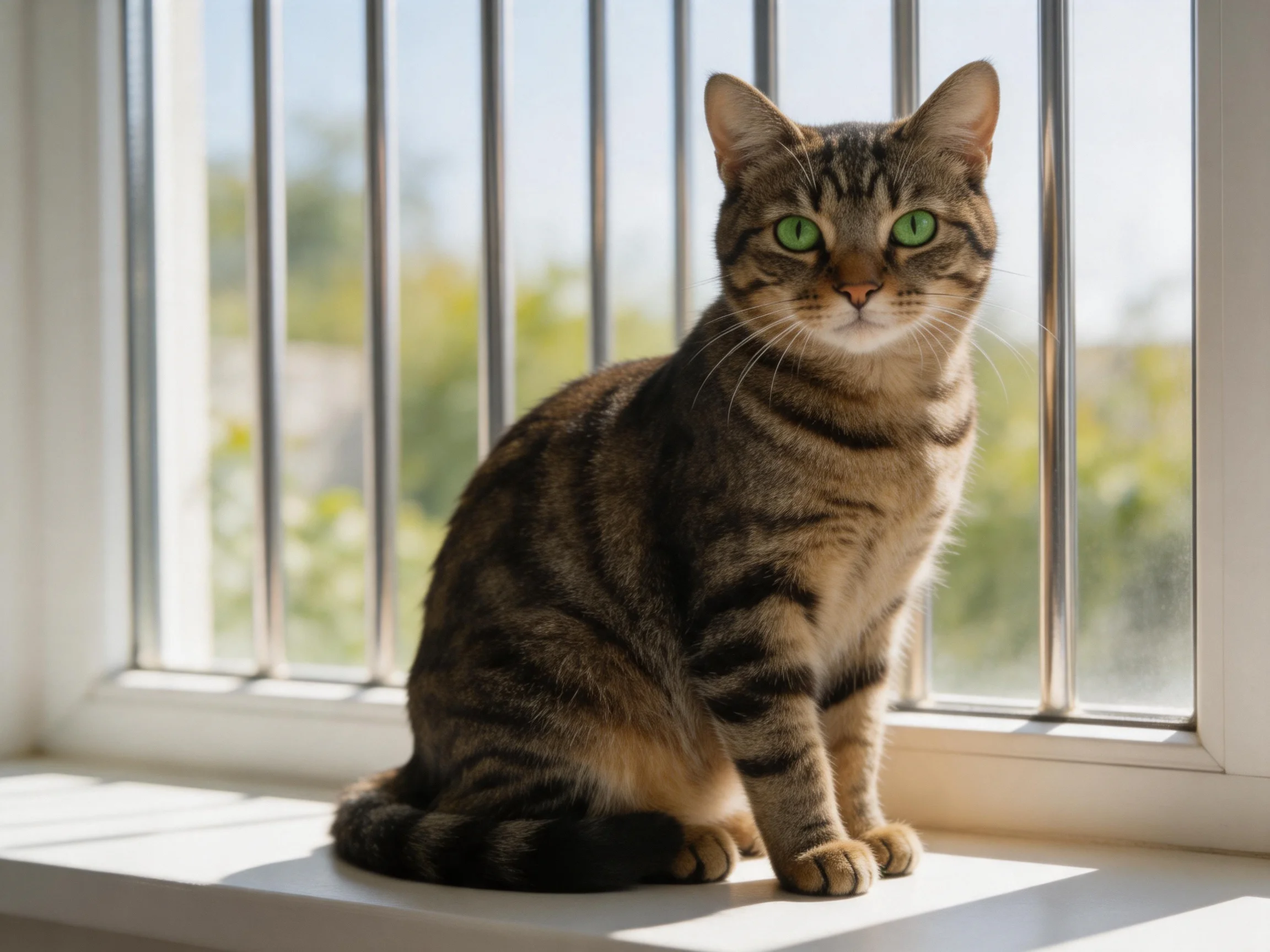 A tabby cat with green eyes sits calmly by a sunlit window.