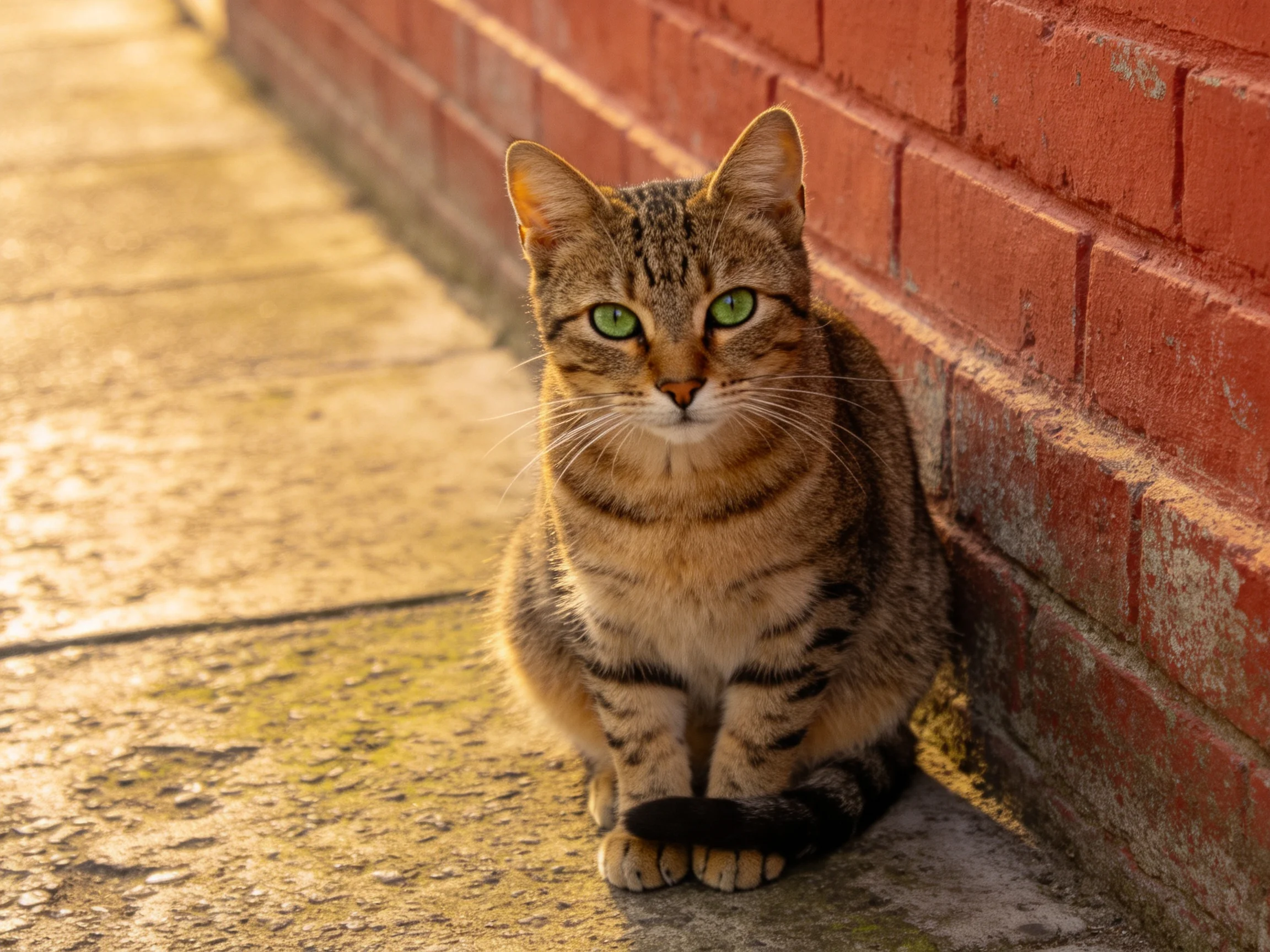 A tabby cat with green eyes sits calmly next to a red brick wall.