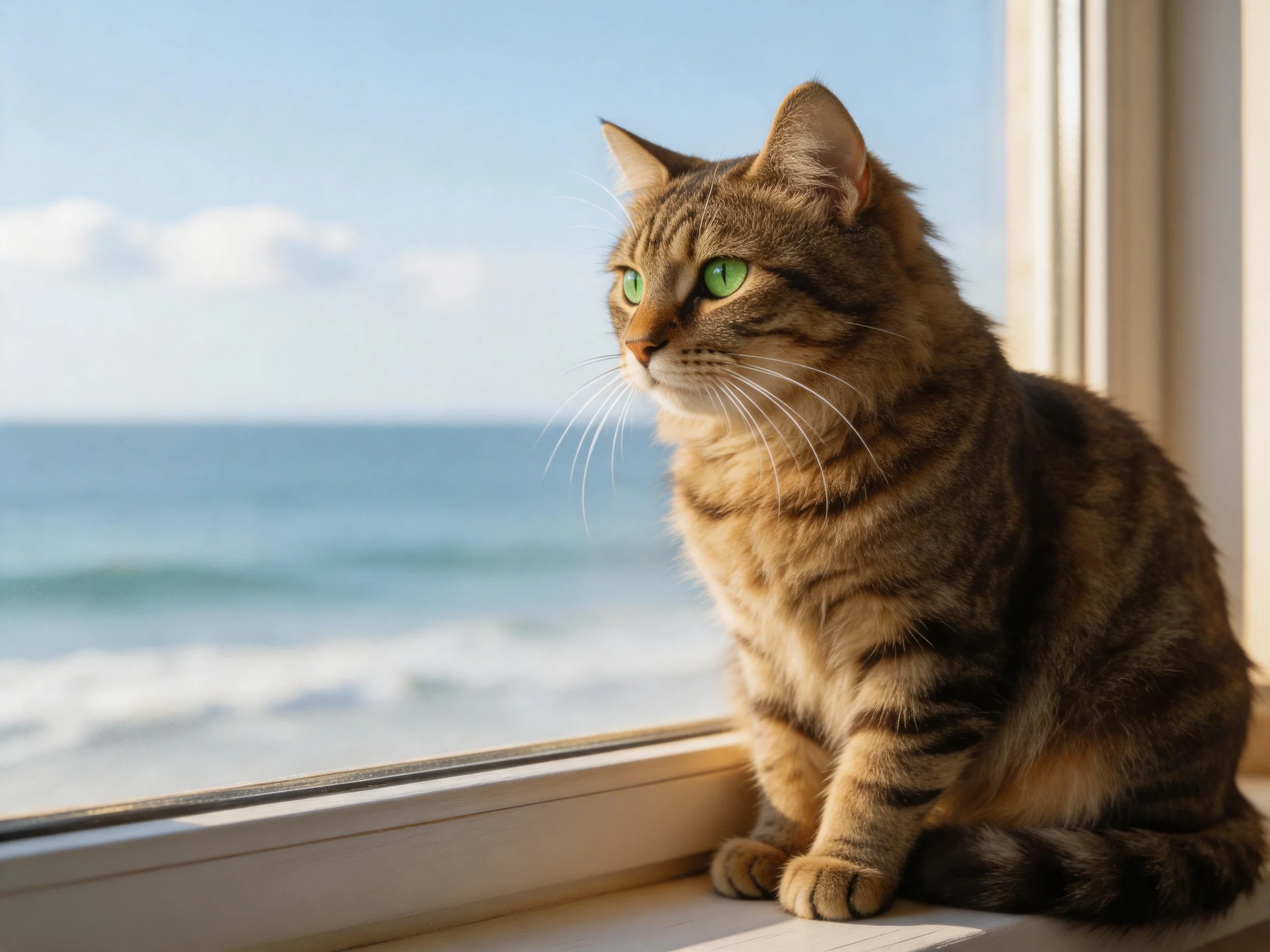 Tabby cat with green eyes sits by window overlookingthe ocean