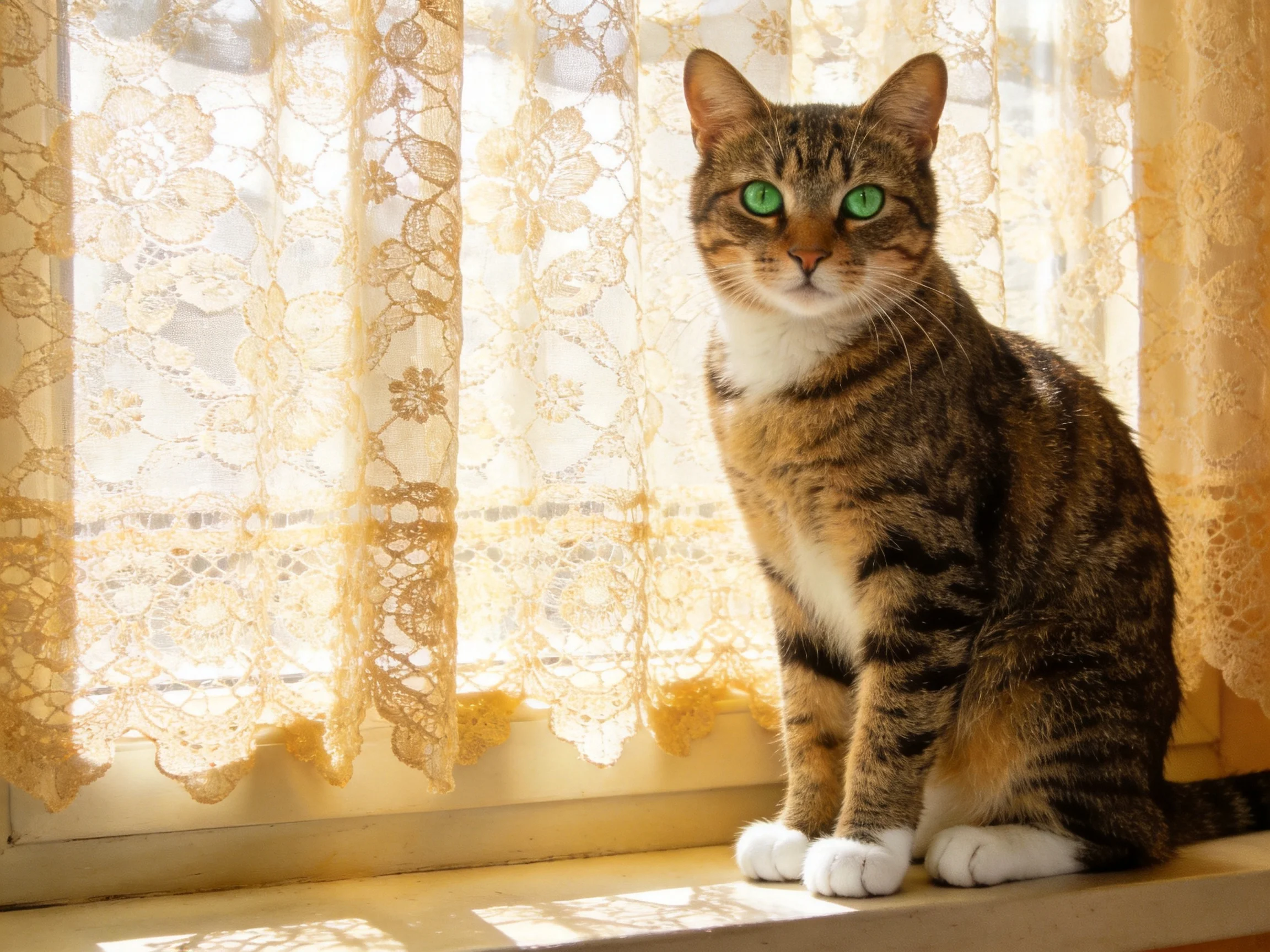 A tabby cat with green eyes sits calmly on a windowsill near lace curtains.
