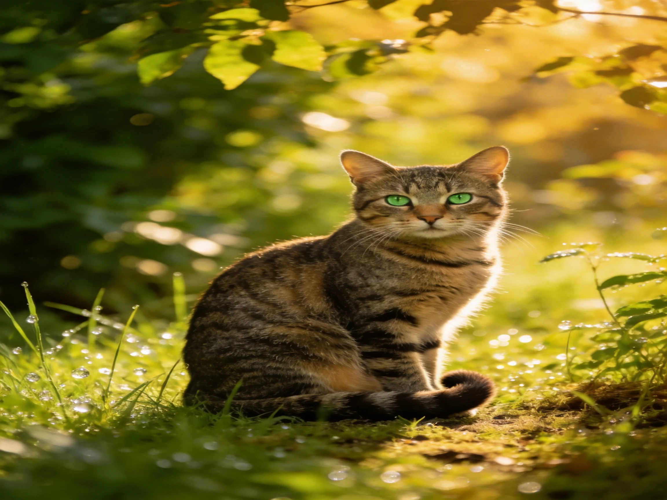 A tabby cat with green eyes sits peacefully in a sunlit meadow.