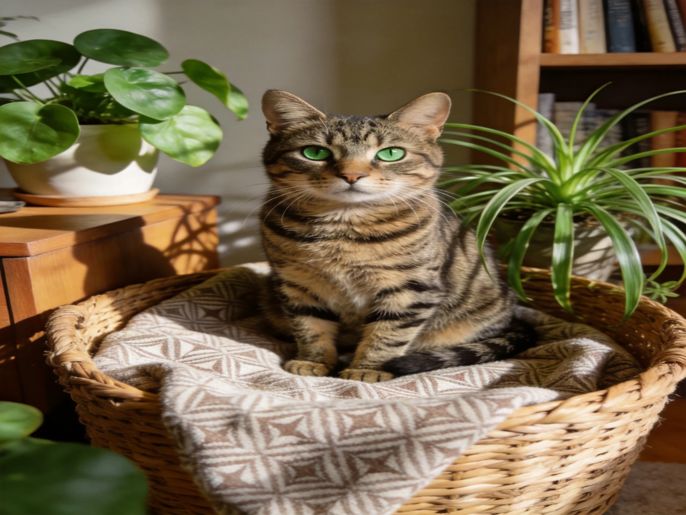 A tabby cat with green eyes relaxes in a wicker basket near houseplants.