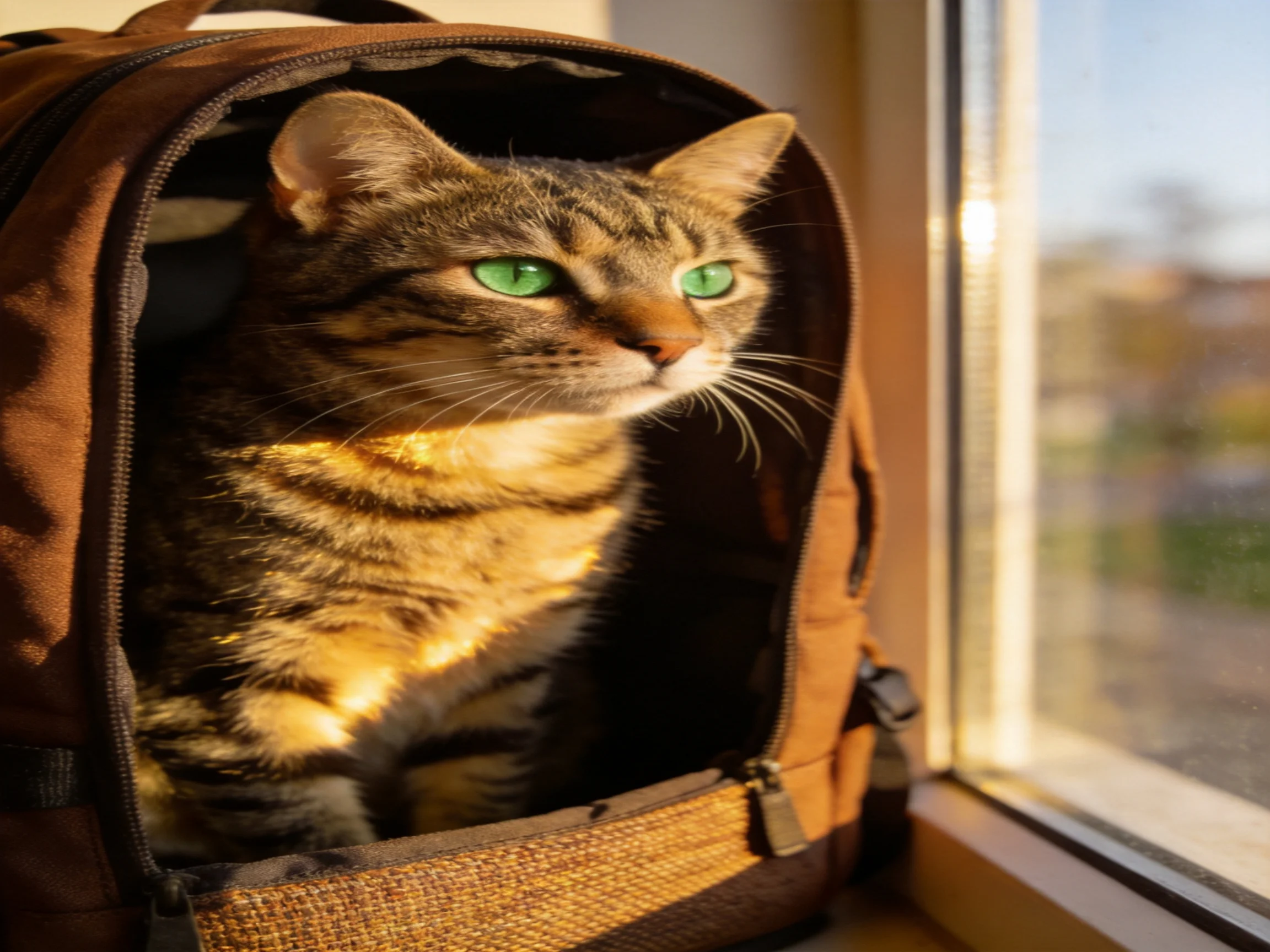 A tabby cat with green eyes rests inside an open backpack next to a sunlit window