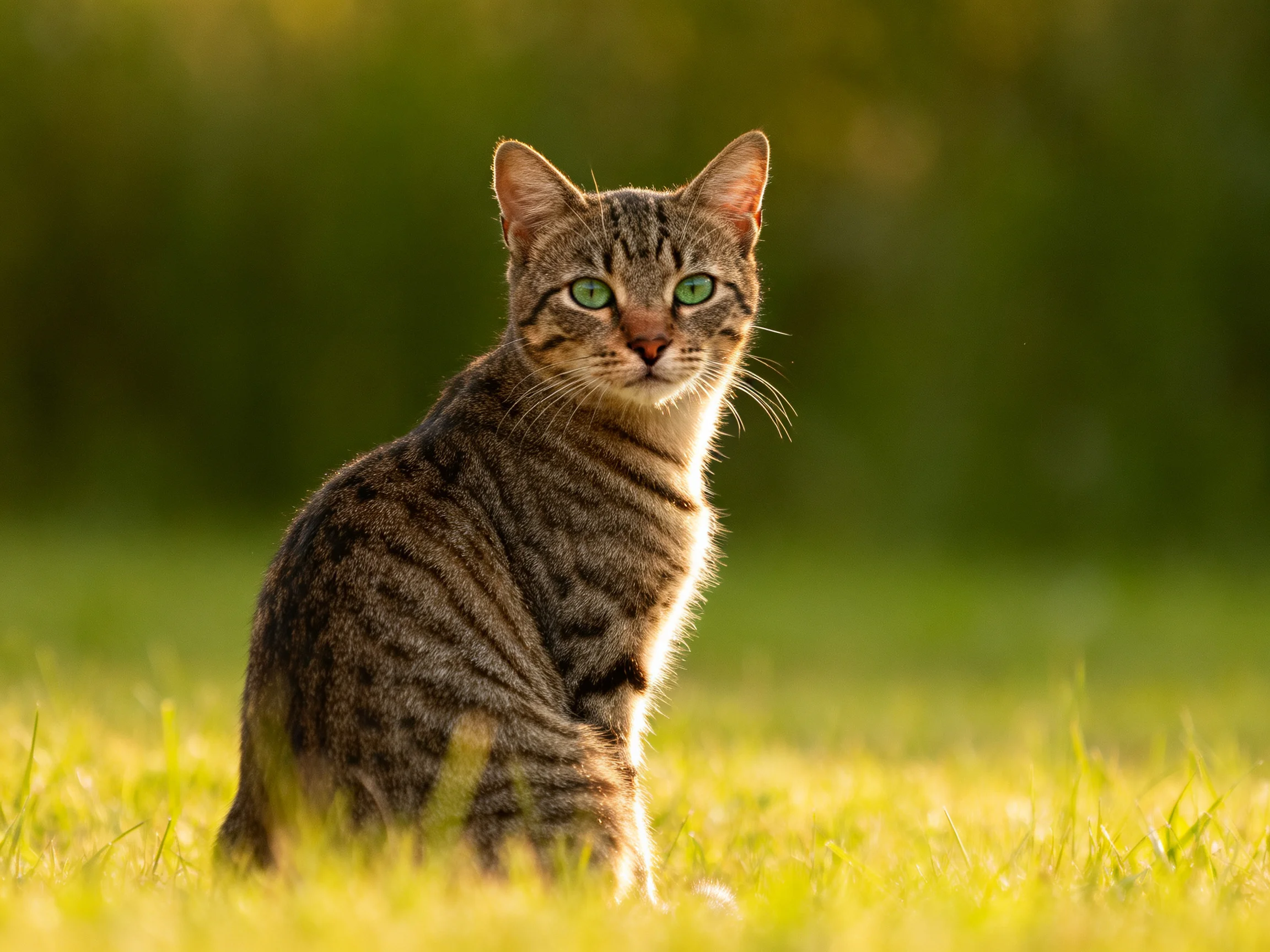 Tabby cat with green eyes sits in sunlit grass.