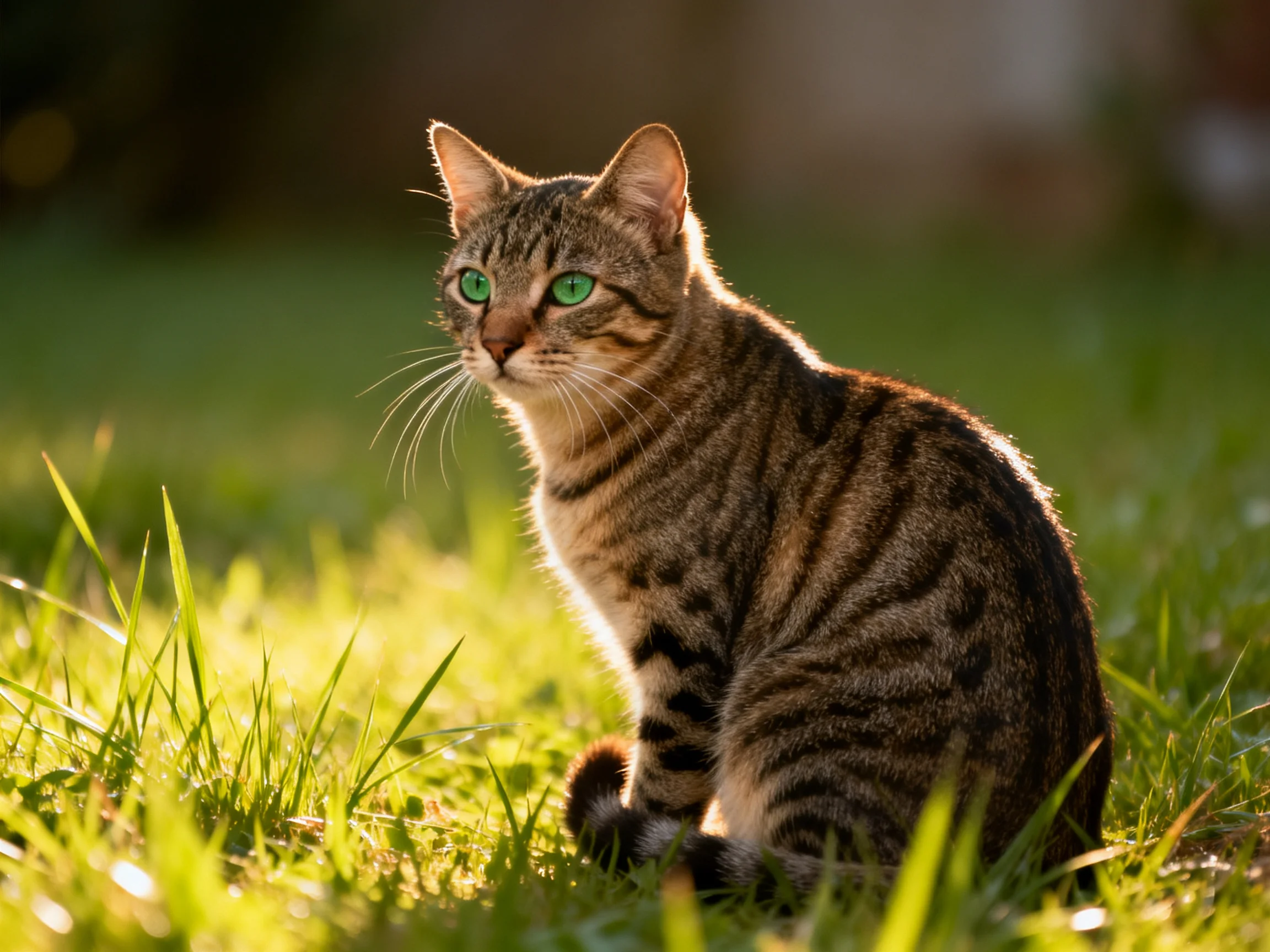 A tabby cat with green eyes sits in sunlit grass.