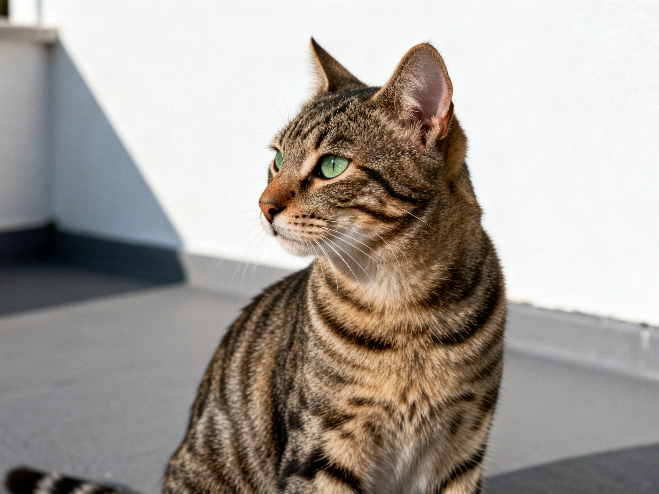A tabby cat with green eyes sits attentively near a white wall