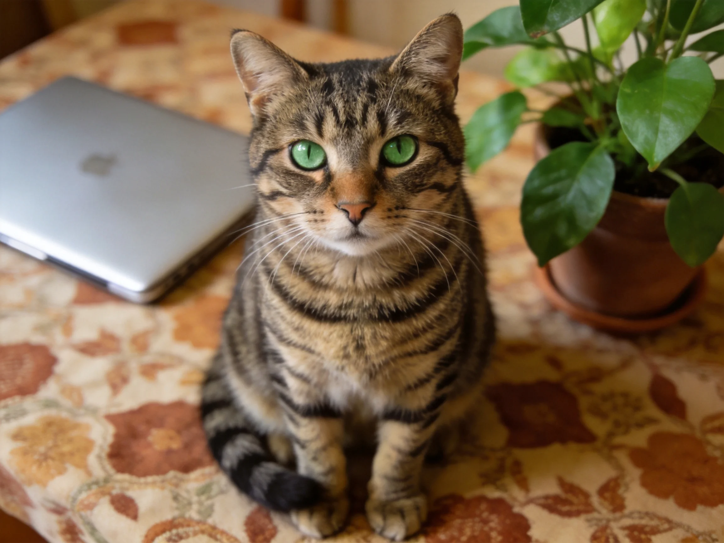 A tabby cat sits on a floral tablecloth beside a laptop and plant